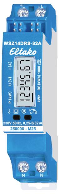 Elektronický elektroměr, modrý, pro DIN lištu. Zobrazuje spotřebu energie v kWh. Napětí: 230V, proud: 32A, značka: Eltako.