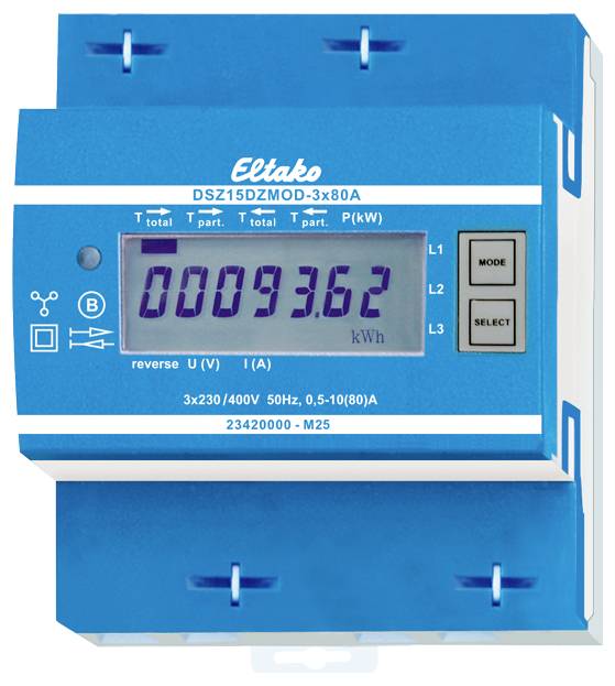 Elektrický elektroměr s LCD displejem zobrazuje '00093,62 kWh'. Zařízení je modré a měří třífázovou spotřebu elektrické energie do 80 A.