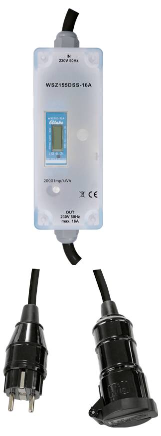 Mezidetektor s elektroměrem (WSZ15DSS-16A), modro-průhledné pouzdro, délka kabelu 1 metr, max. 16A.