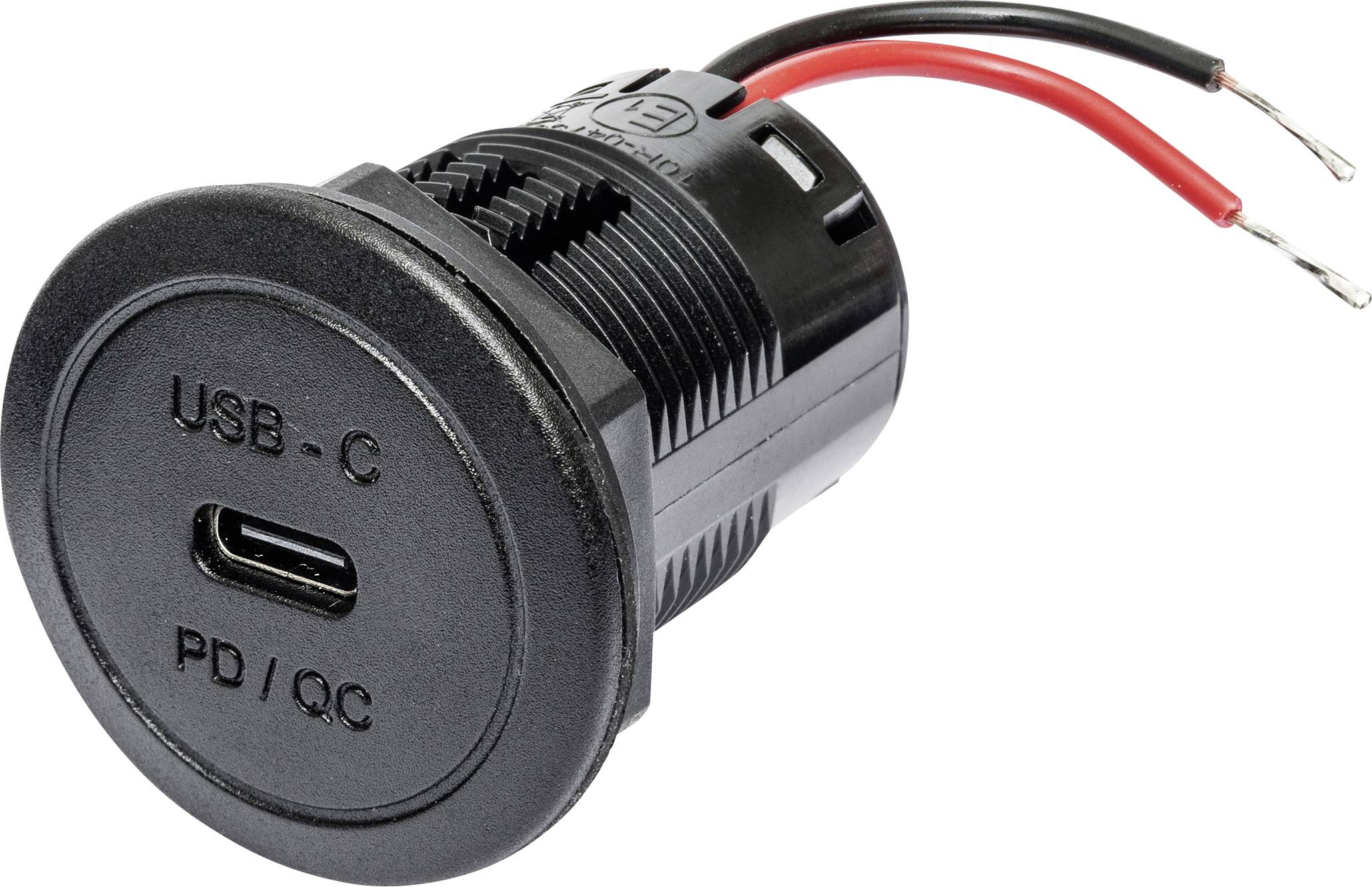 USB-C nabíjecí konektor se dvěma vodiči, červeným a černým. Označený štítky 'USB-C' a 'PD/QC'. Standardní připojovací modul pro elektronická zařízení.