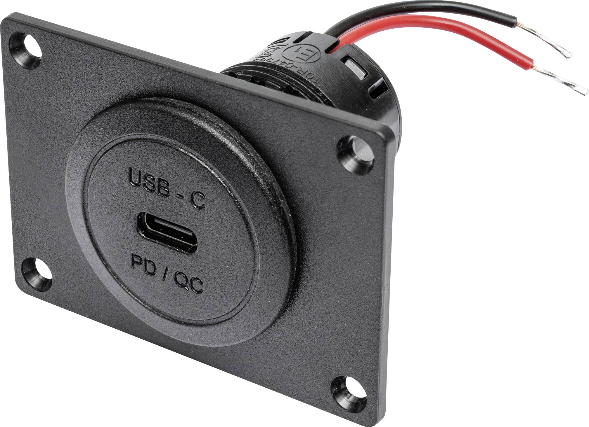 Černý USB-C konektor s popiskem "USB-C PD/QC". Dva kabely, červený a černý, vyčnívají. Montážní deska se čtyřmi montážními otvory.