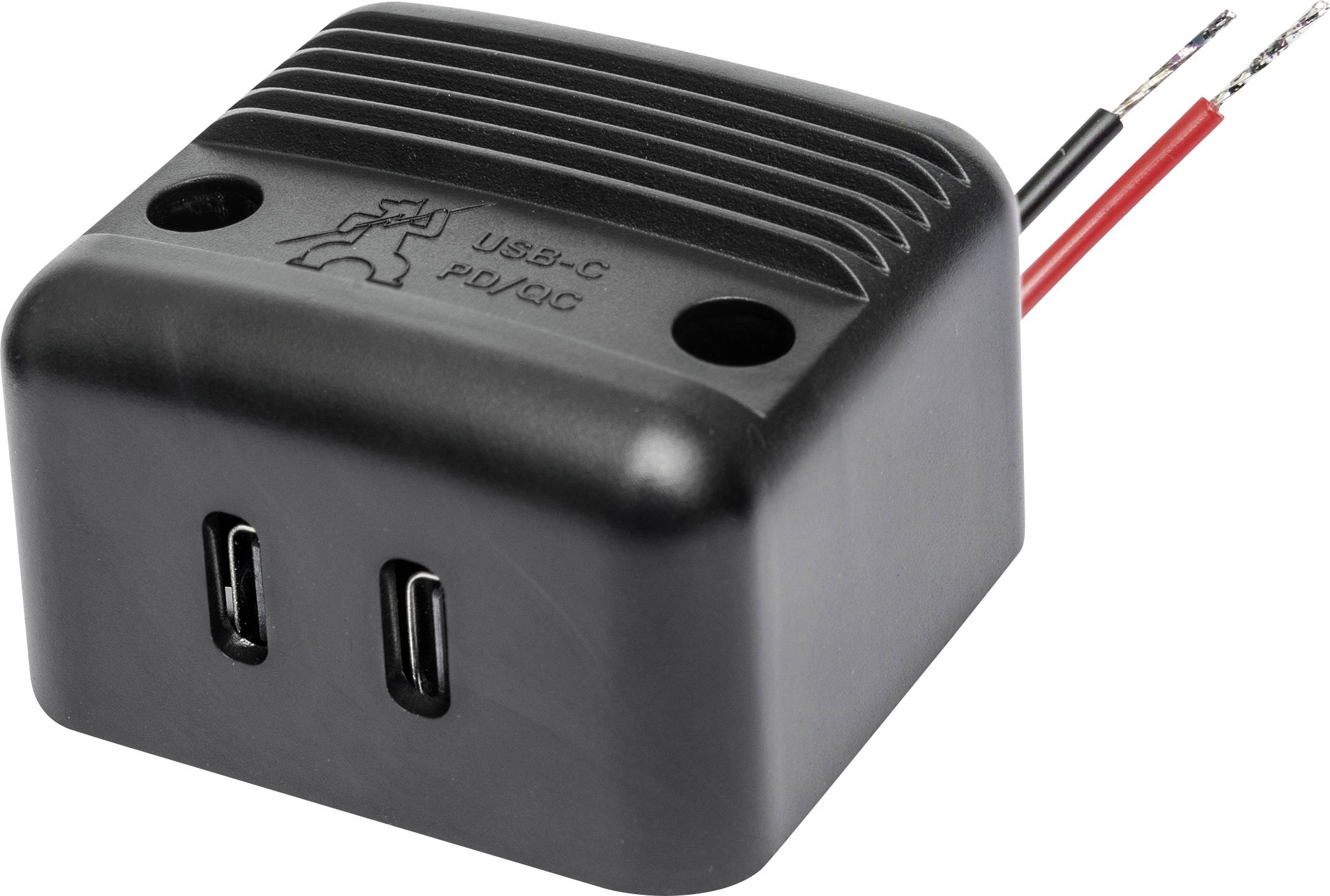 Černá USB-C PD/QC nabíječka se dvěma porty a červenými a černými připojovacími kabely, vhodná pro vestavbu do elektronických zařízení.