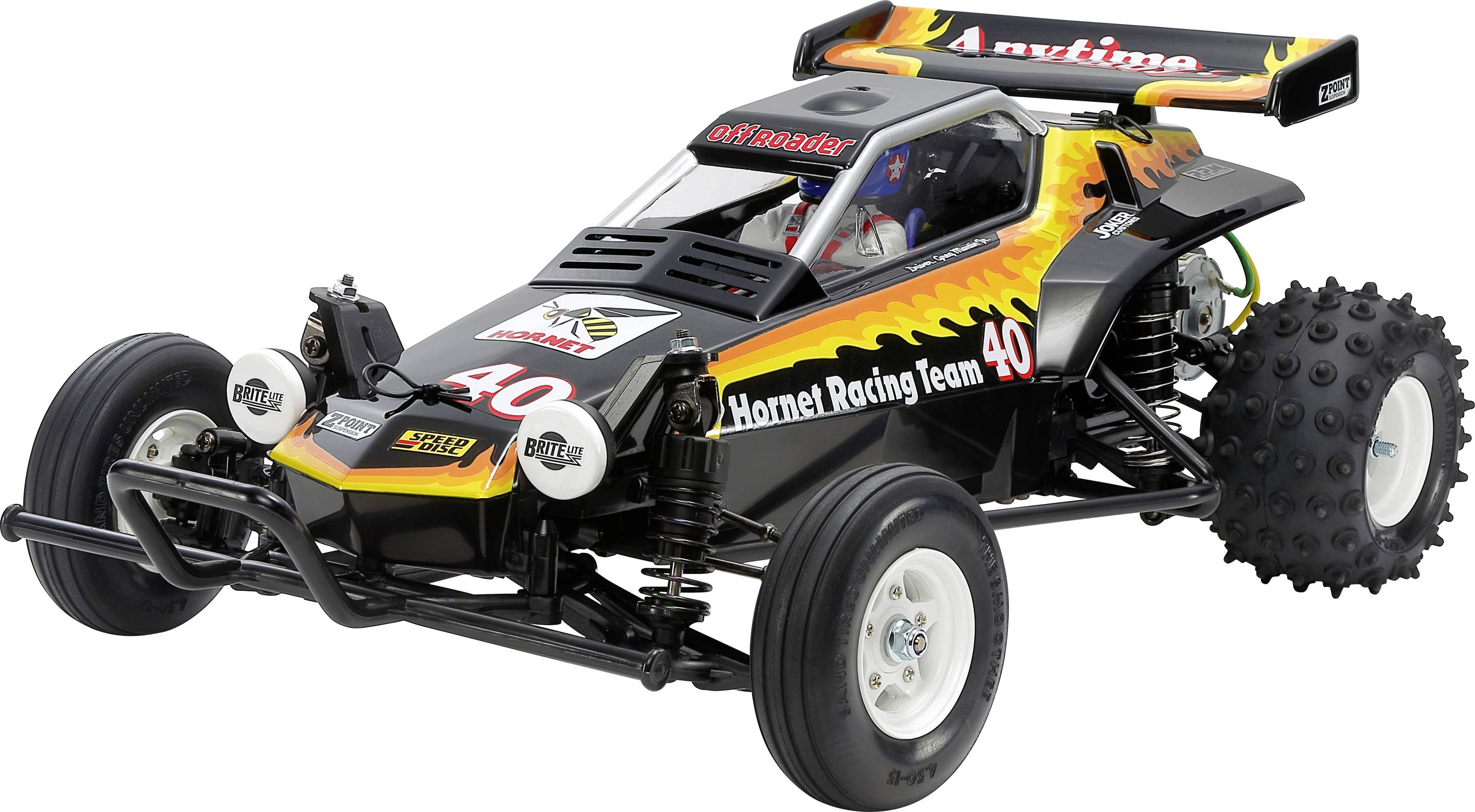 Dálkově ovládané auto v závodním designu, černé s plamenným vzorem. Modelové označení 'Hornet Racing Team', startovní číslo 40.
