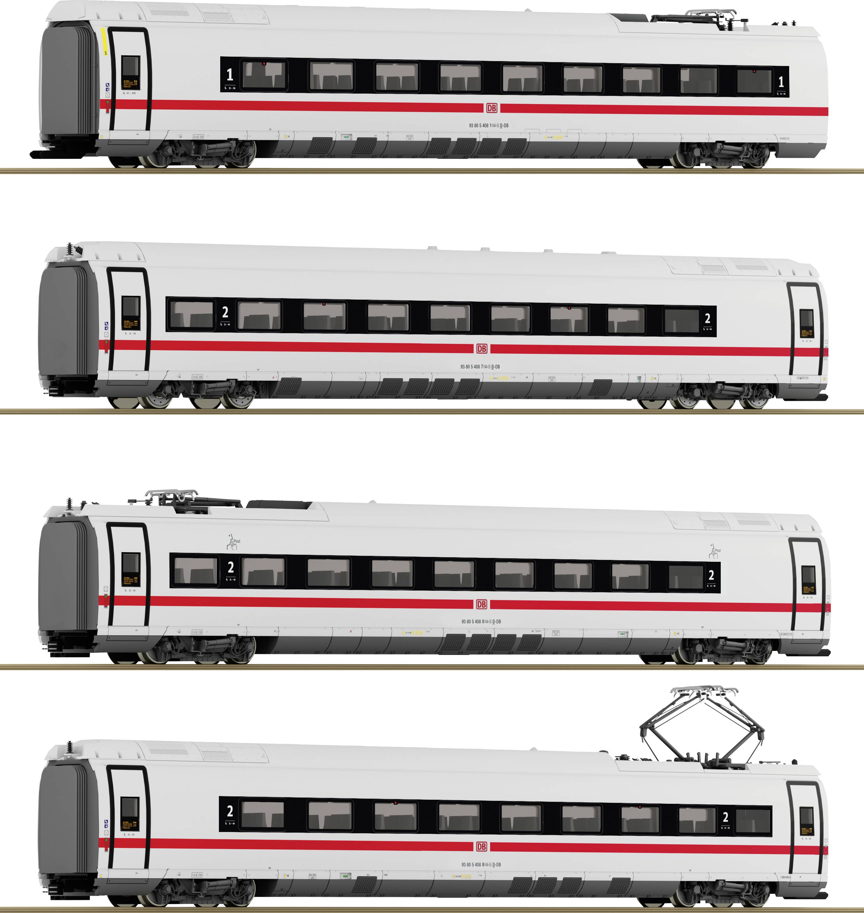 Čtyři modely moderních vlaků vedle sebe ukazují různé vozy s proměnlivými čísly a oddíly.