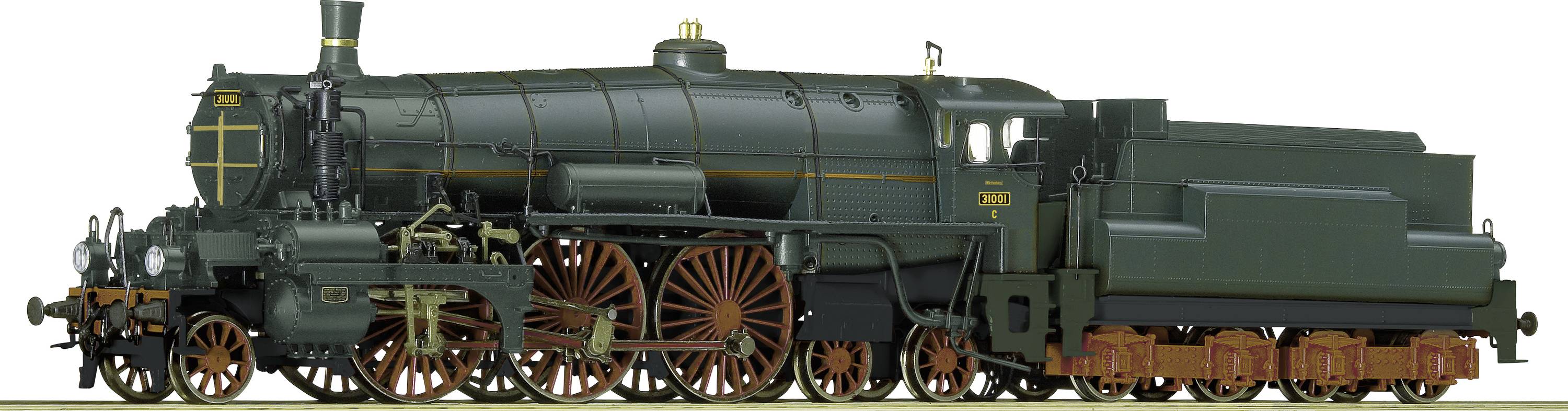 Detailní model historické parní lokomotivy se zeleným kotlem, velkými koly a přiřazeným uhelným tendrem.