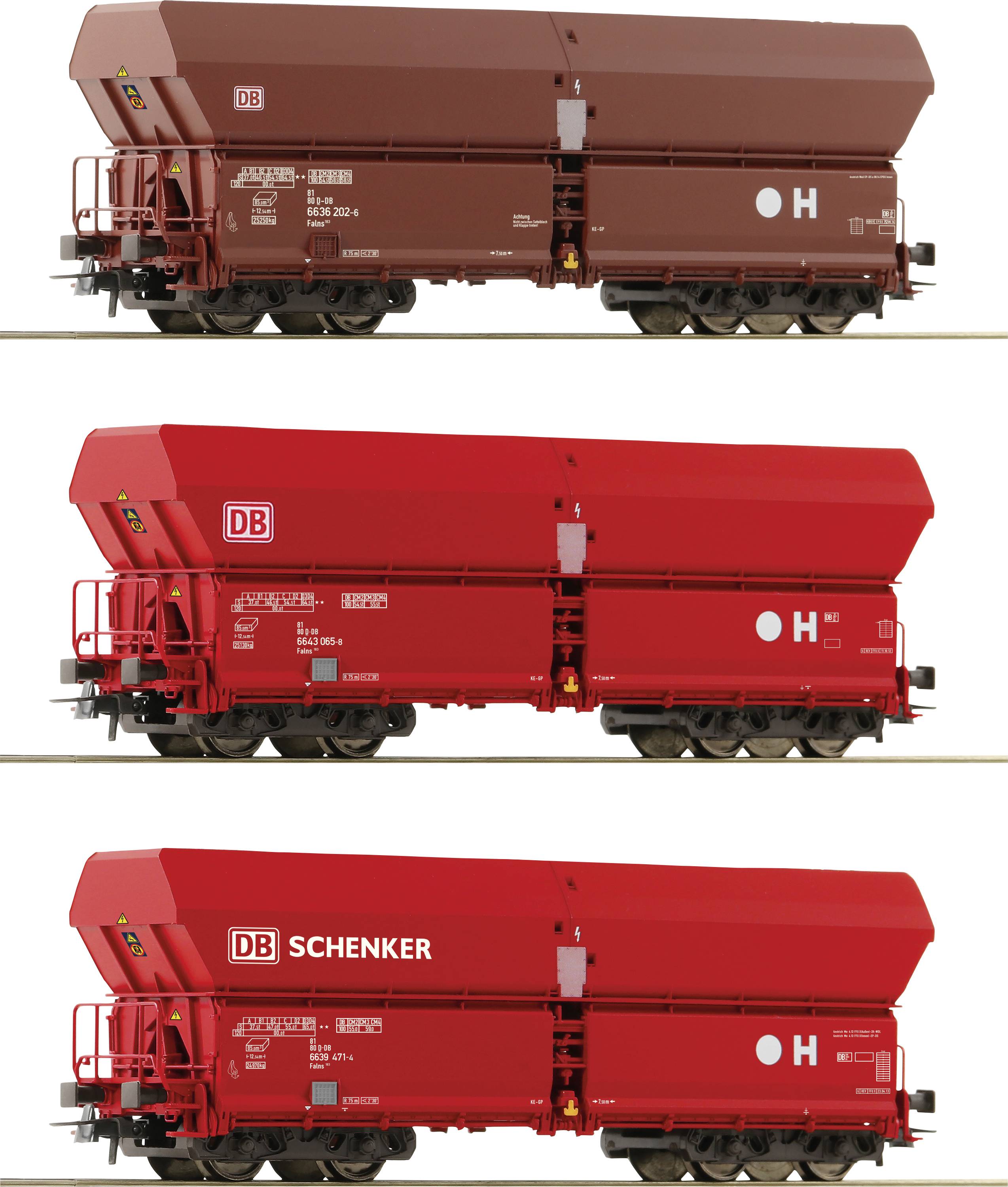 Tři modely nákladních vozů v různých odstínech červené, s logy 'DB' a 'DB Schenker'. Rozdíly ve zbarvení a značení.
