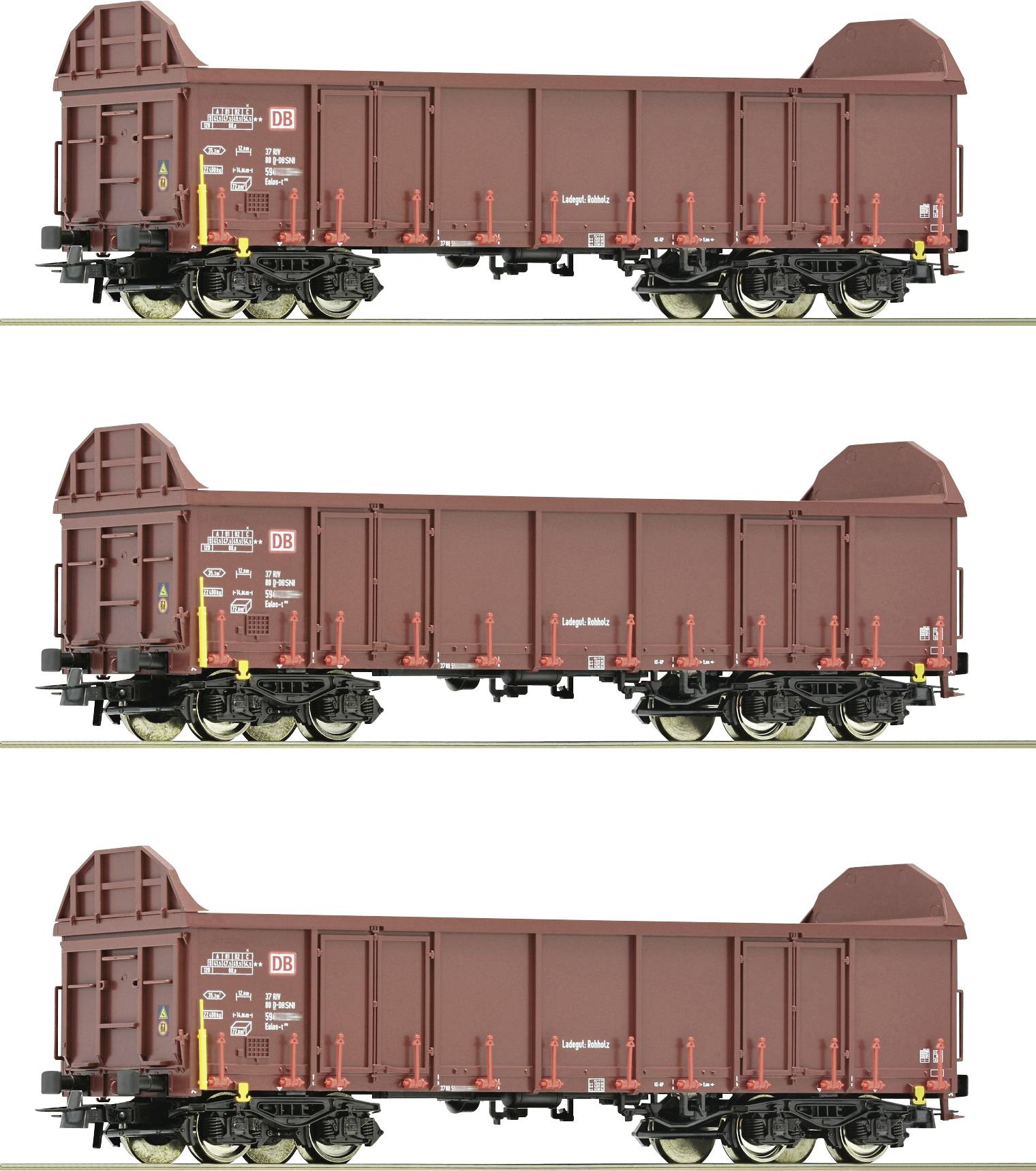 Tři identické nákladní vozy modelové železnice Deutsche Bahn v rezavohnědé barvě, stojící vedle sebe na kolejích.