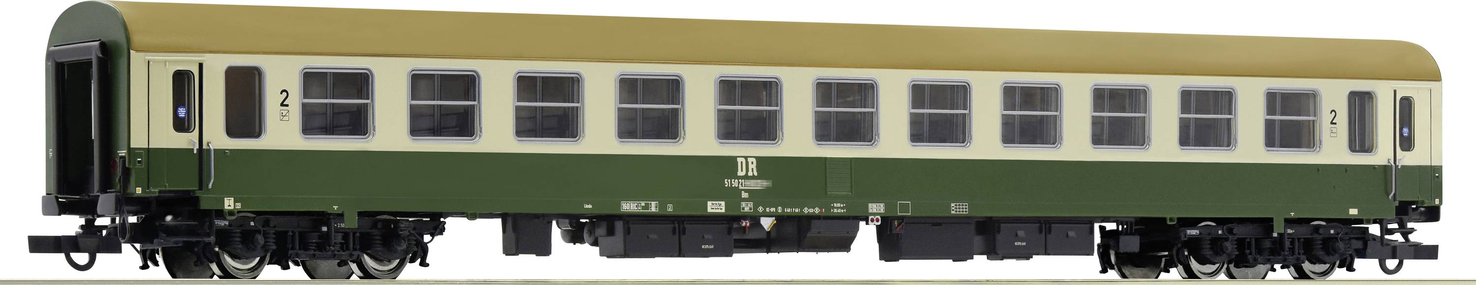 Model zeleného a béžového osobního vagónu Deutsche Bahn s nápisem „2" pro druhou třídu, ideální pro modelové železnice.