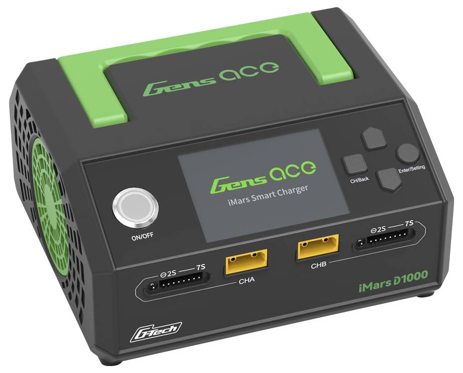 Černá nabíječka se zelenou rukojetí, displejem a několika porty na přední straně. Text: 'Gens ace iMars Smart Charger'.