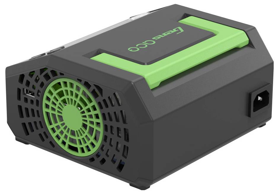 Přenosný černý kompresor se zelenou rukojetí a ventilátorem na boku, vhodný pro mobilní použití.