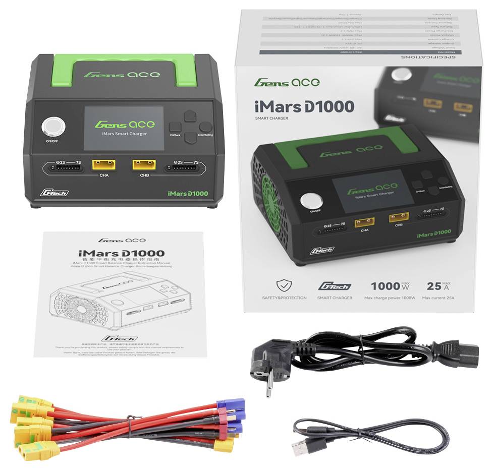 Nabíječka "iMars D1000" s návody, kabely a obalem. Výkon 1000 W. Vhodná pro autobaterie. Černozelený design.