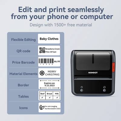 NIIMBOT tiskárna zobrazuje QR kódy, čárové kódy a štítky pro dětské oblečení, cenu, materiály a symboly. Uživatelsky přívětivý design.