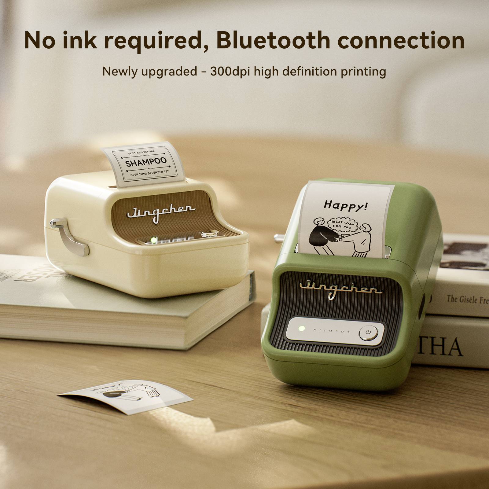 Přenosná tiskárna se dvěma barevnými možnostmi, bezolovnatou tiskovou technologií a připojením Bluetooth. Text: 'Nevyžaduje inkoust, připojení Bluetooth'.