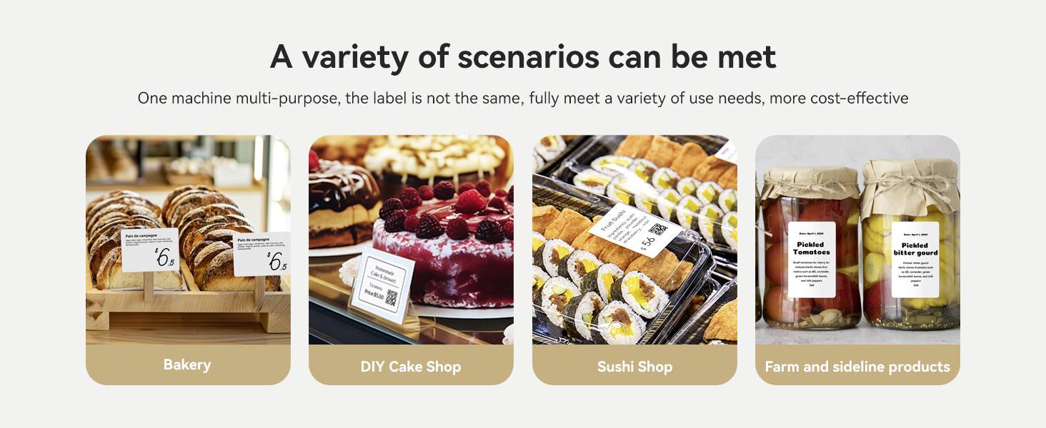 Čtyři různé obchodní kategorie: Pekárna, domácí cukrárna, sushi obchod a farmářské produkty, ilustrované odpovídajícími potravinovými obrázky.