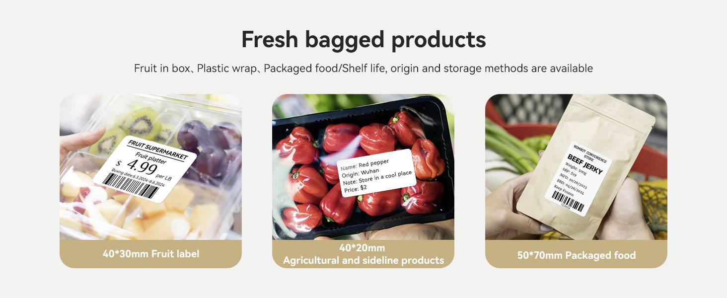 Čerstvě balené produkty: ovoce v plastiku, papriky, zabalené potraviny s cenovkami a skladovacími pokyny.