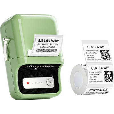 Zelený tiskárna štítků s vytištěným štítkem 'B21 Labe Maker'. Vedle toho role štítků a ukázka dokumentu 'CERTIFICATE'.
