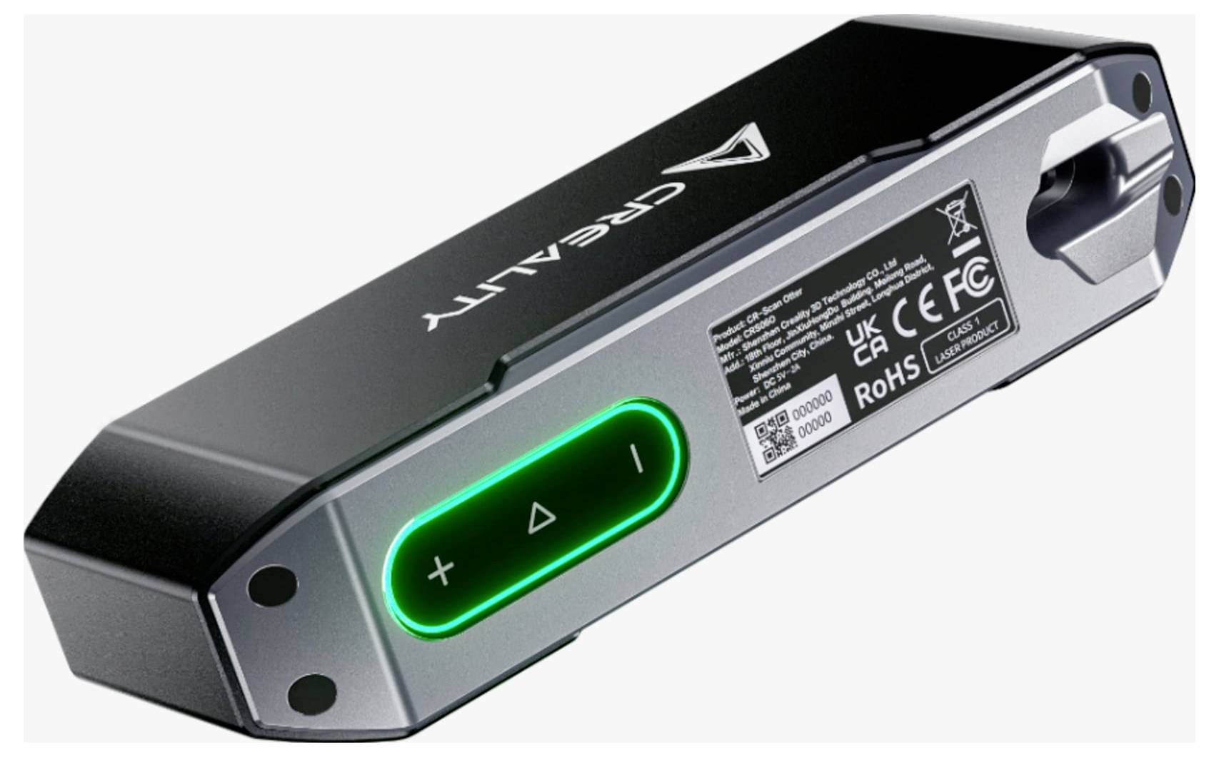 Obdélníkové elektronické zařízení se zeleným světlem a znaménky plus a minus. Název značky viditelný nahoře.