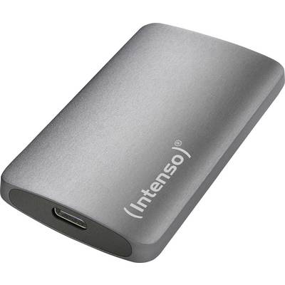 Externí pevný disk od Intenso v kovovém šedém provedení, vybavený USB-C konektorem na boku, vhodný pro ukládání dat při cestování.