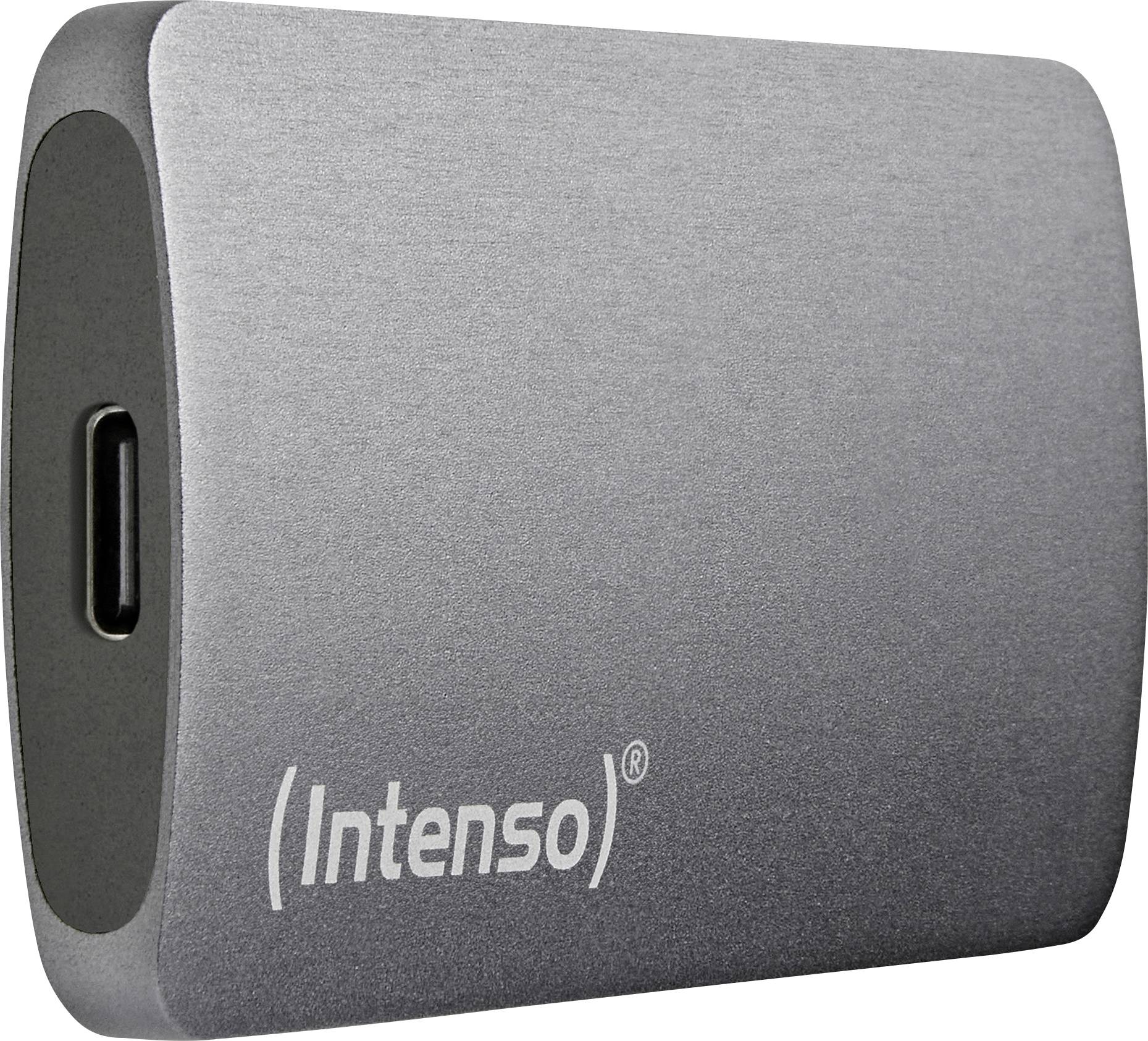 Stříbrný externí pevný disk od Intenso s USB-C portem, boční pohled.