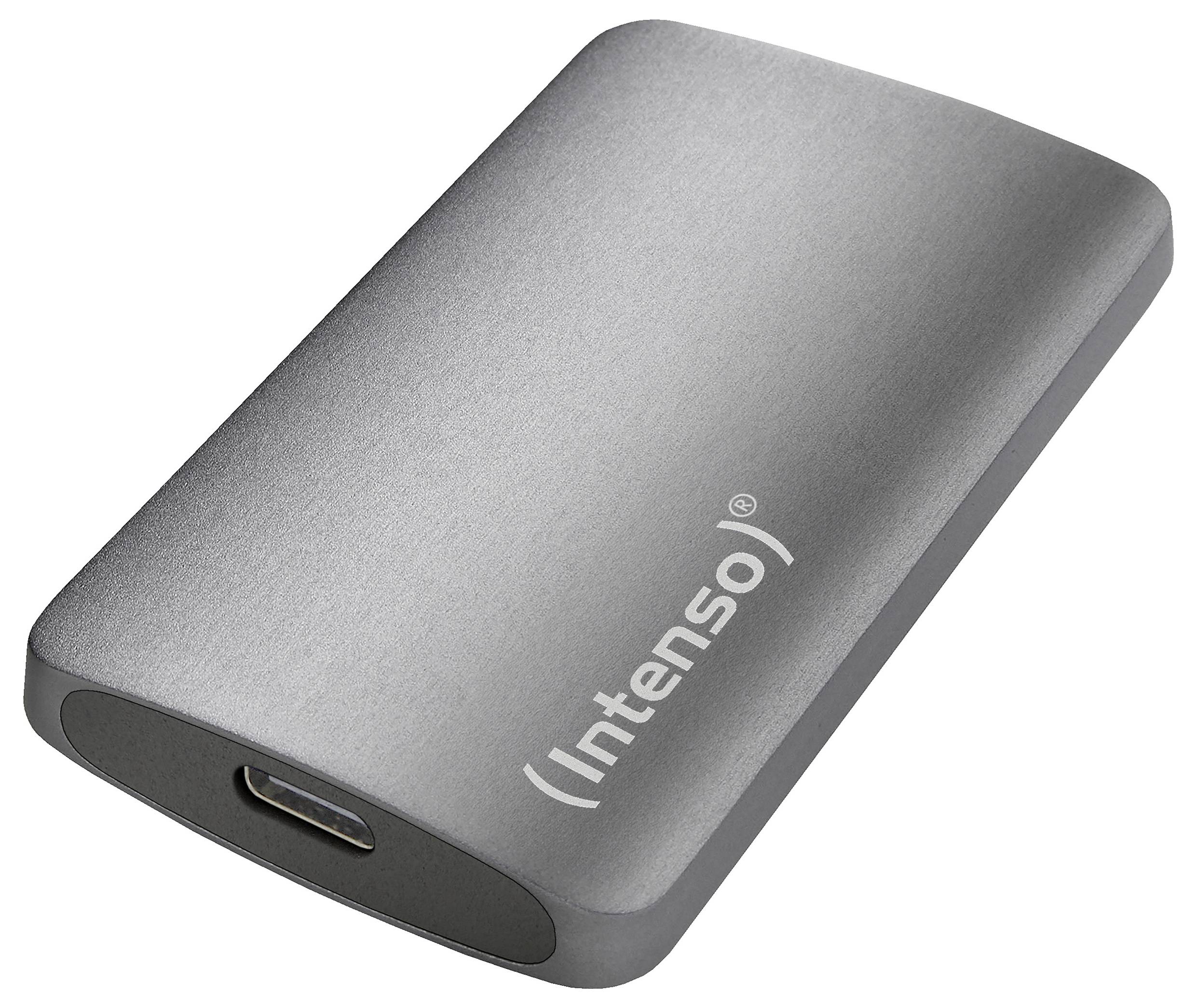 Externí pevný disk Intenso v stříbrném krytu, obdélníkového tvaru se zaoblenými rohy a USB-C portem na jedné straně.