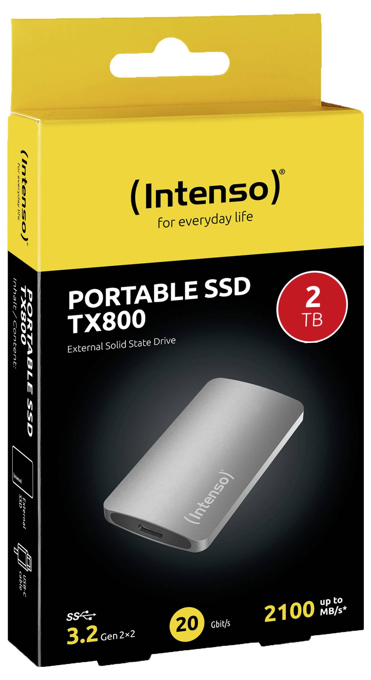Externí SSD 'Intenso TX800', kapacita 2 TB, USB 3.2 připojení, přenos dat až 2100 MB/s, zobrazeno ve žluté krabičce.