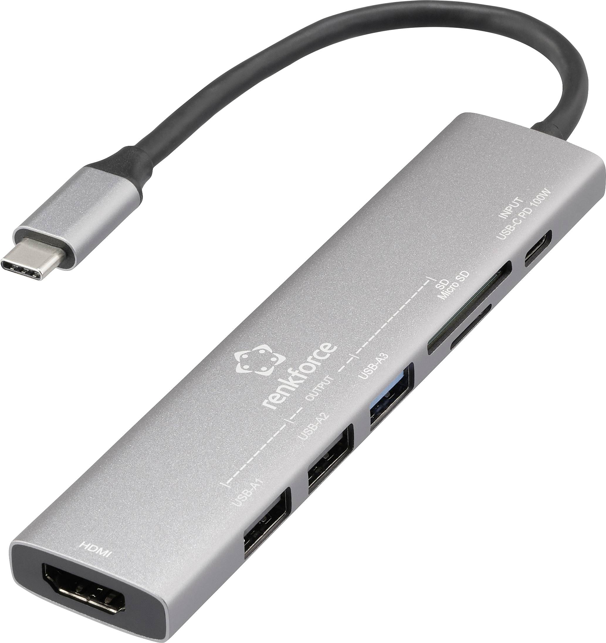 Tenký stříbrný USB-C rozbočovač s několika porty, včetně HDMI, USB-A a slotů pro SD karty, označený nápisem 'renkforce'.