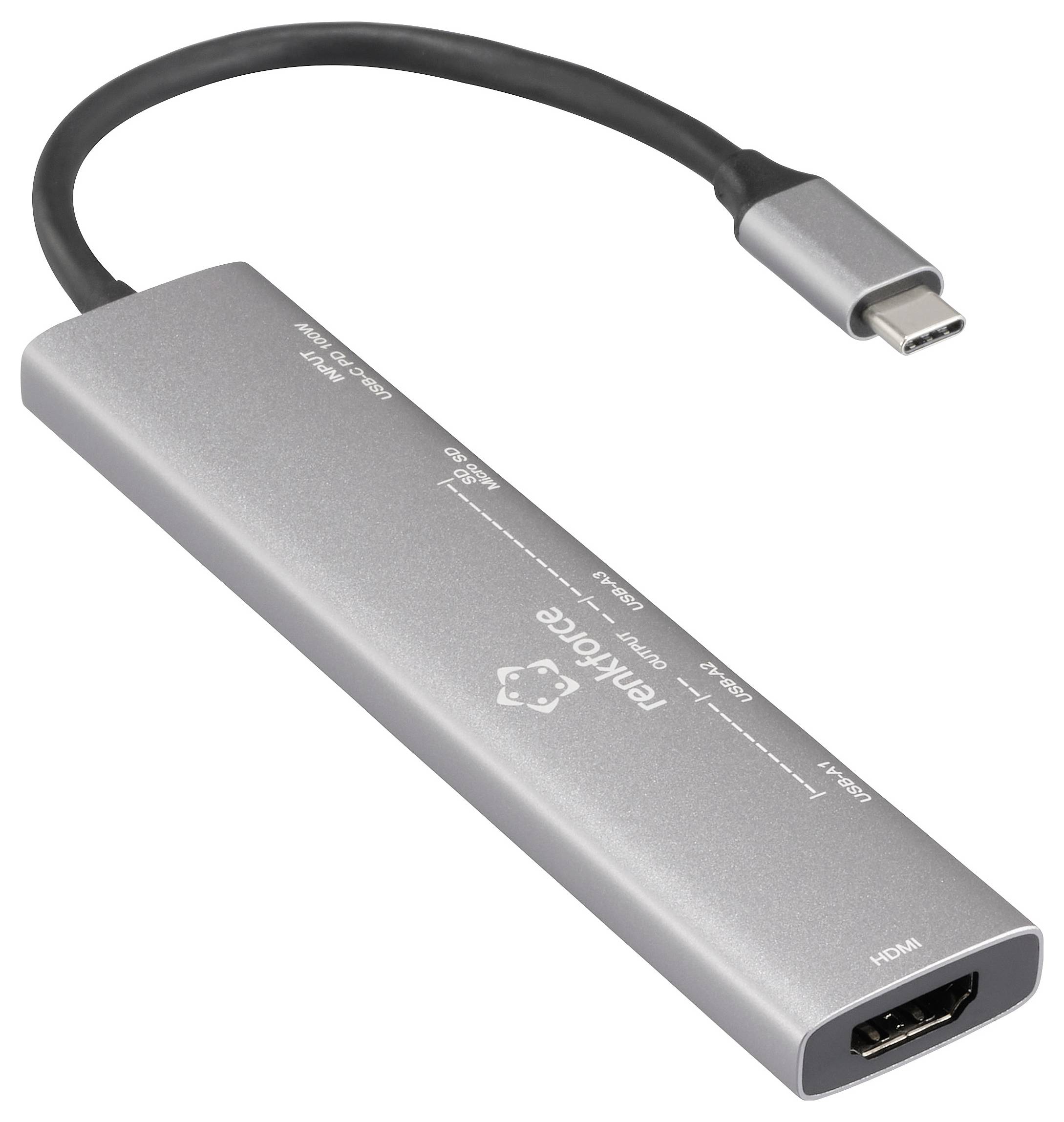 Šedý USB-C rozbočovač s porty HDMI, Ethernet a USB, navržený pro připojení více zařízení k notebooku.