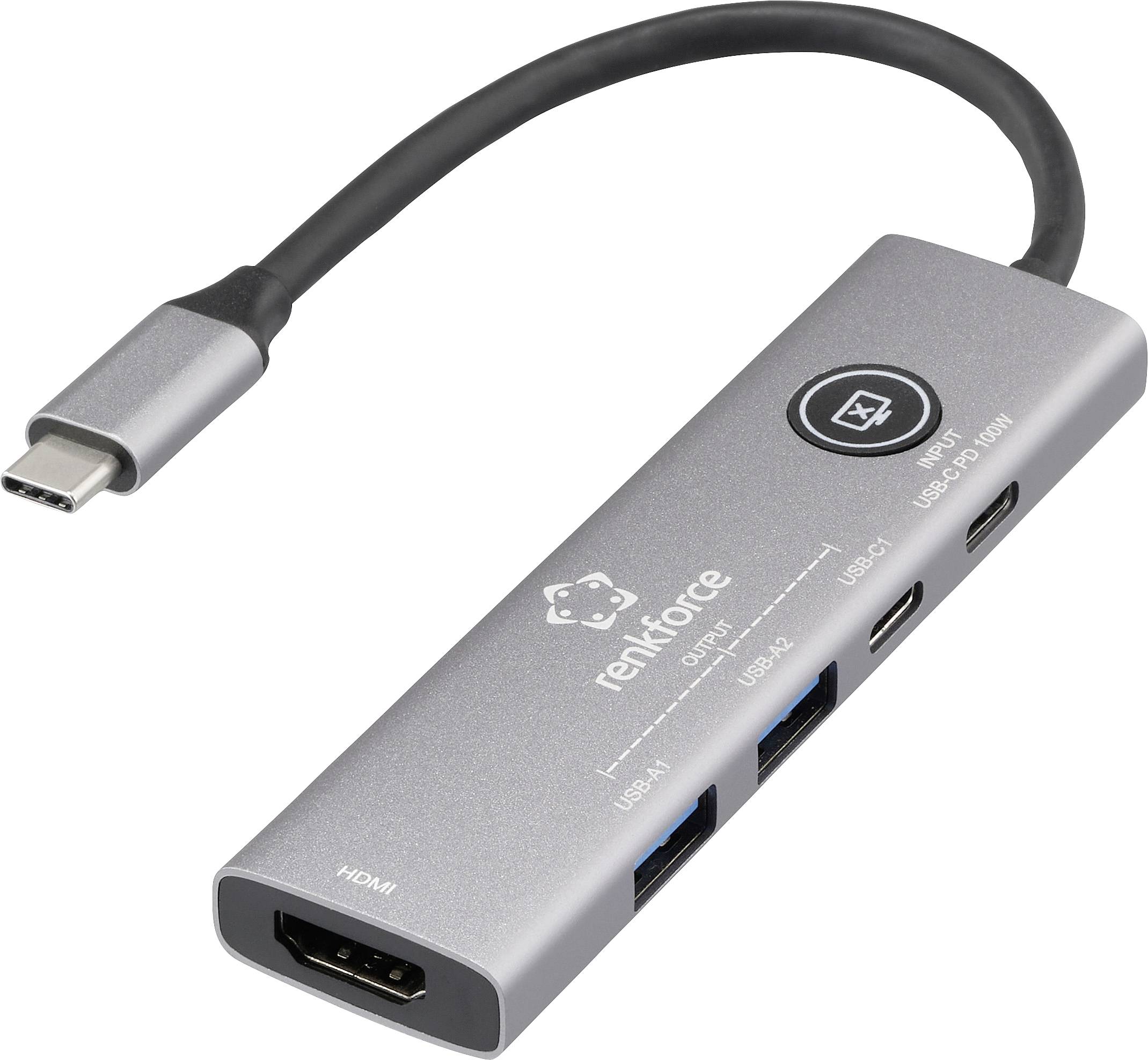 Multifunkční USB-C adaptér s HDMI, dvěma USB-A a dvěma USB-C porty; kompaktní design pro připojení a nabíjení zařízení.