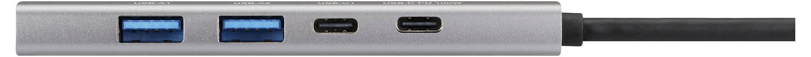 Stříbrný USB rozbočovač se dvěma porty USB 3.0 a jedním portem USB-C.
