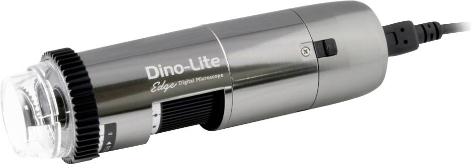 Stříbrný digitální mikroskop s nápisem 'Dino-Lite Edge' připojený kabelem, boční pohled.