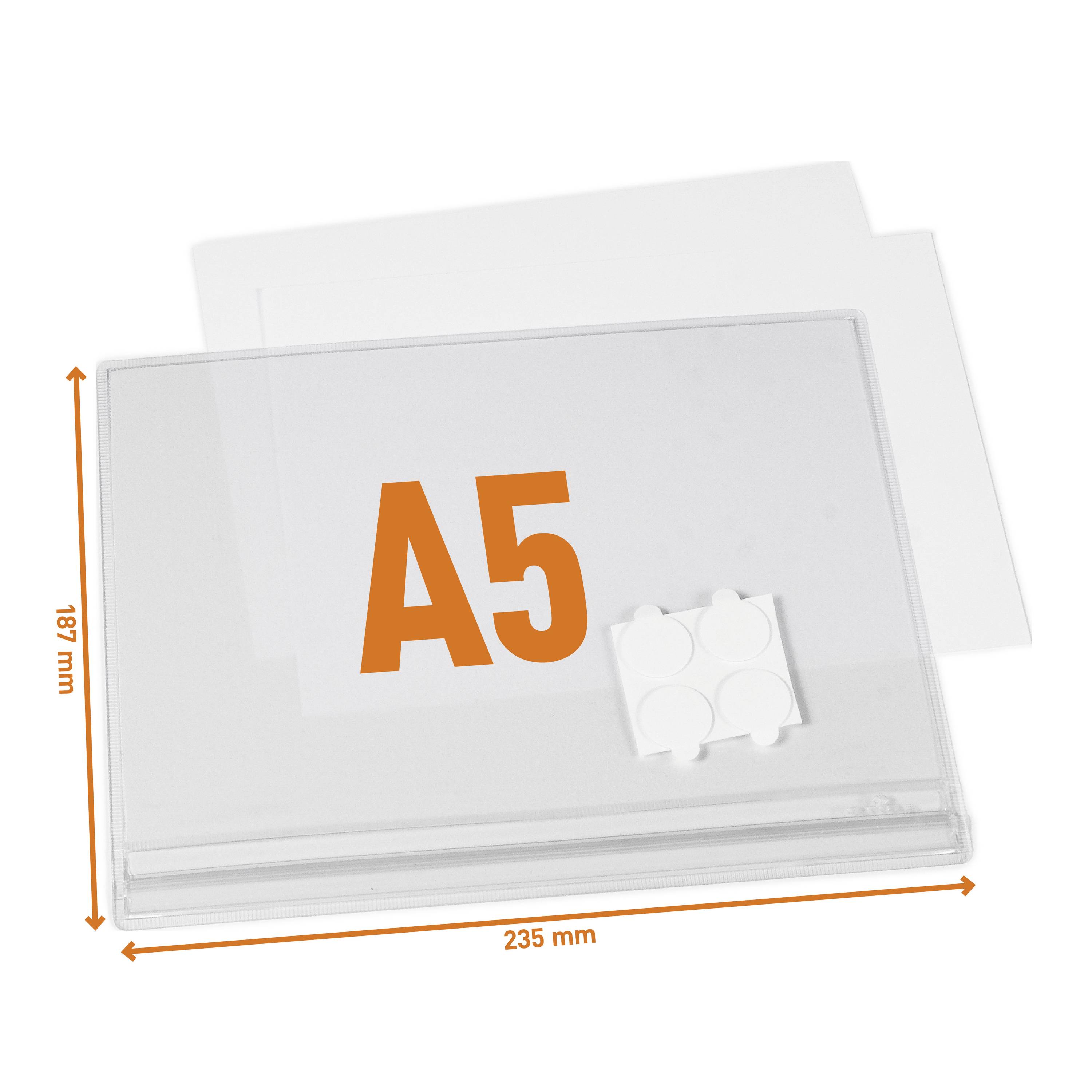 Průhledný akrylový štít s nápisem 'A5'. Rozměry: 235 mm x 187 mm. Obsahuje upevňovací prvky v rohu.