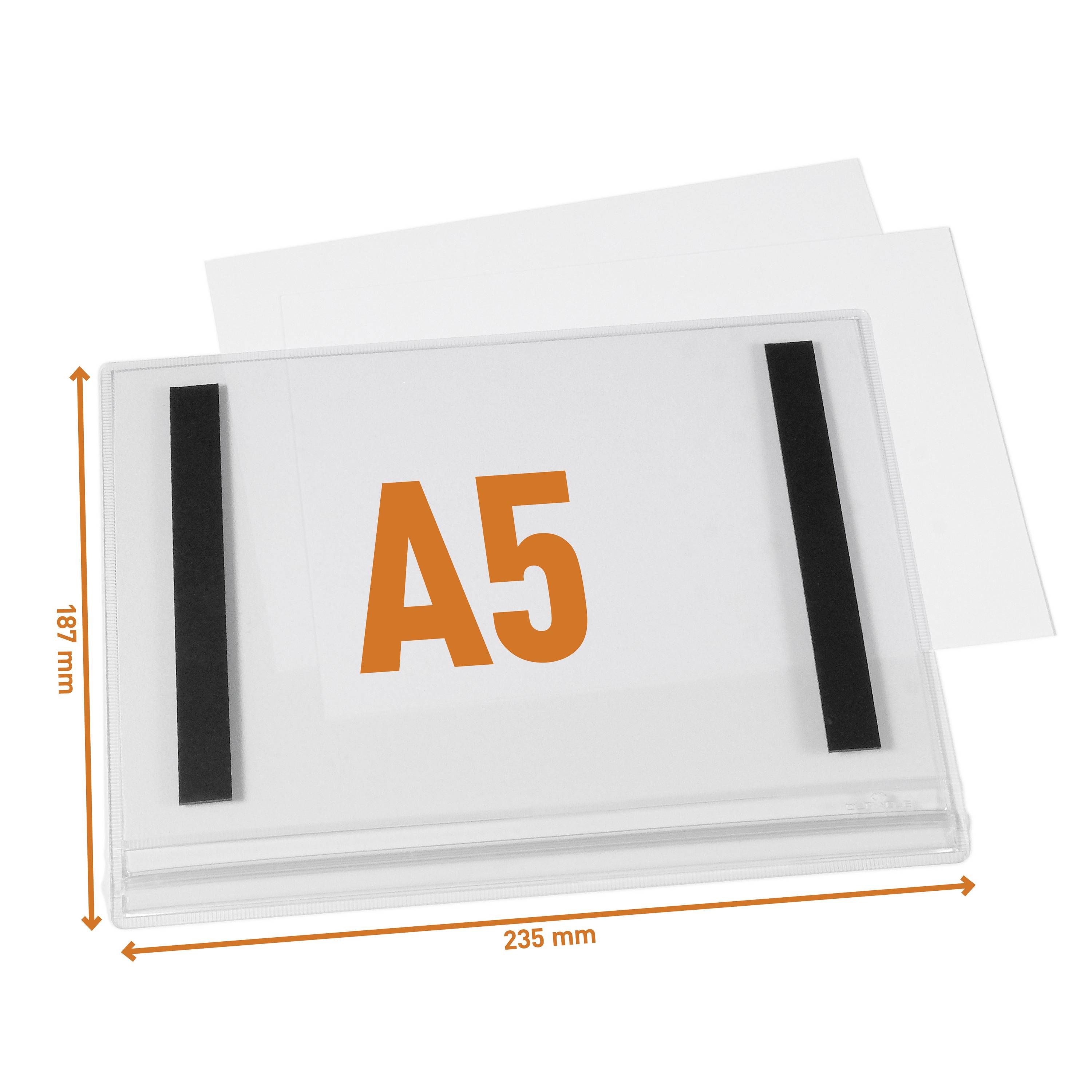 Průhledný držák pro dokumenty formátu A5 o rozměrech 235 mm x 187 mm.