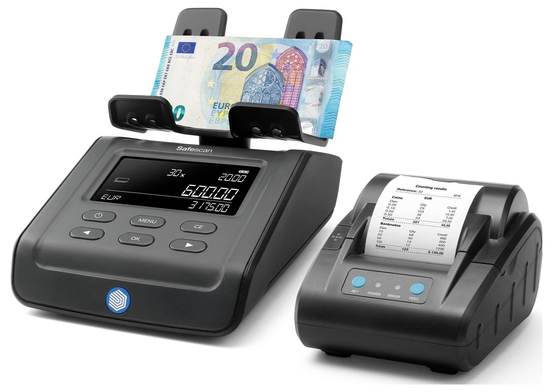 Počítačka bankovek s 20eurovým bankovkou zobrazuje '2000 EUR' a '60000' na digitálním displeji. Vedle ní tiskárna s účtenkou.