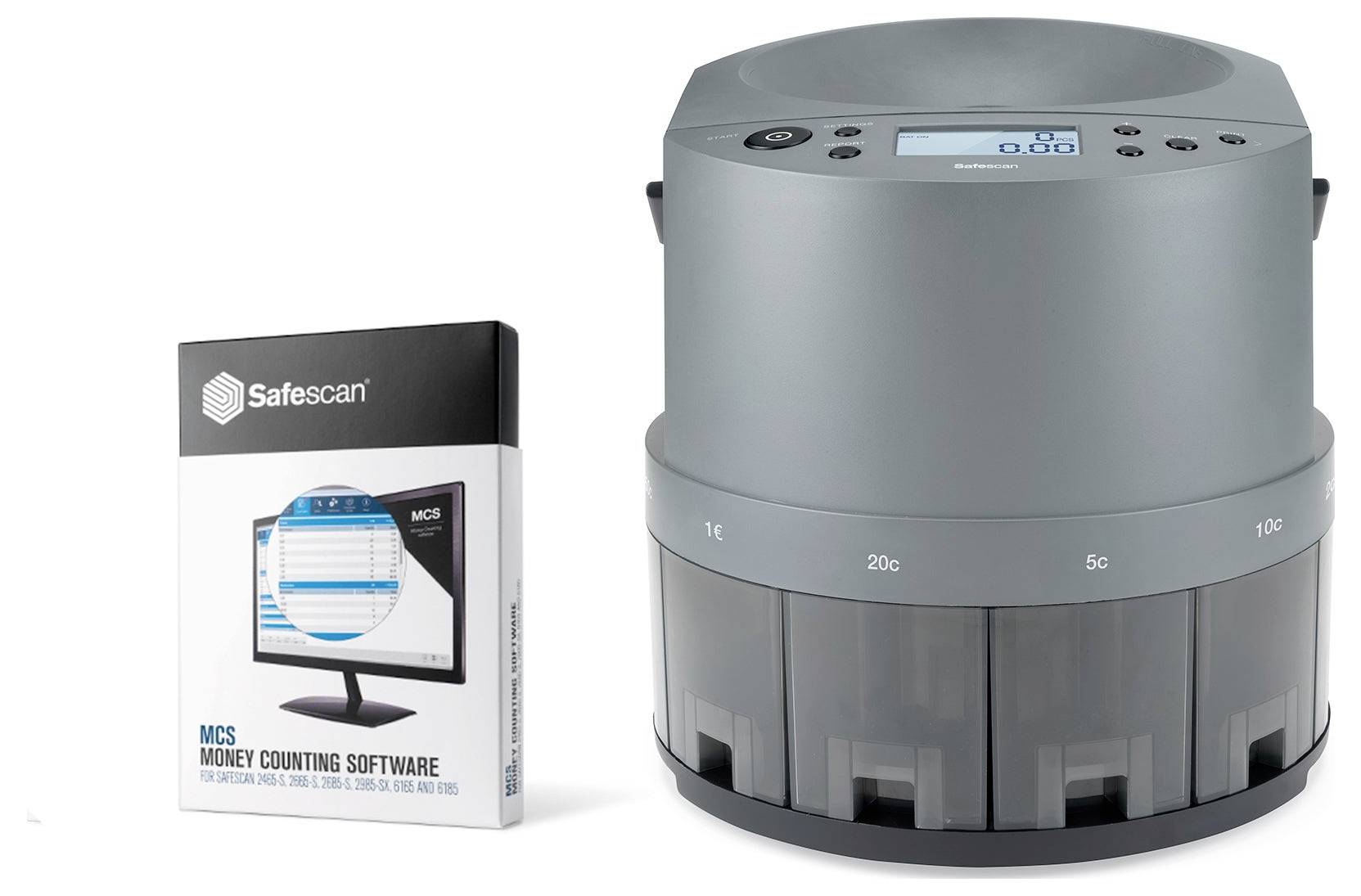 Šedý přístroj na počítání mincí s digitálním displejem, vlevo vedle něj balení softwarového produktu Safescan pro počítání peněz.