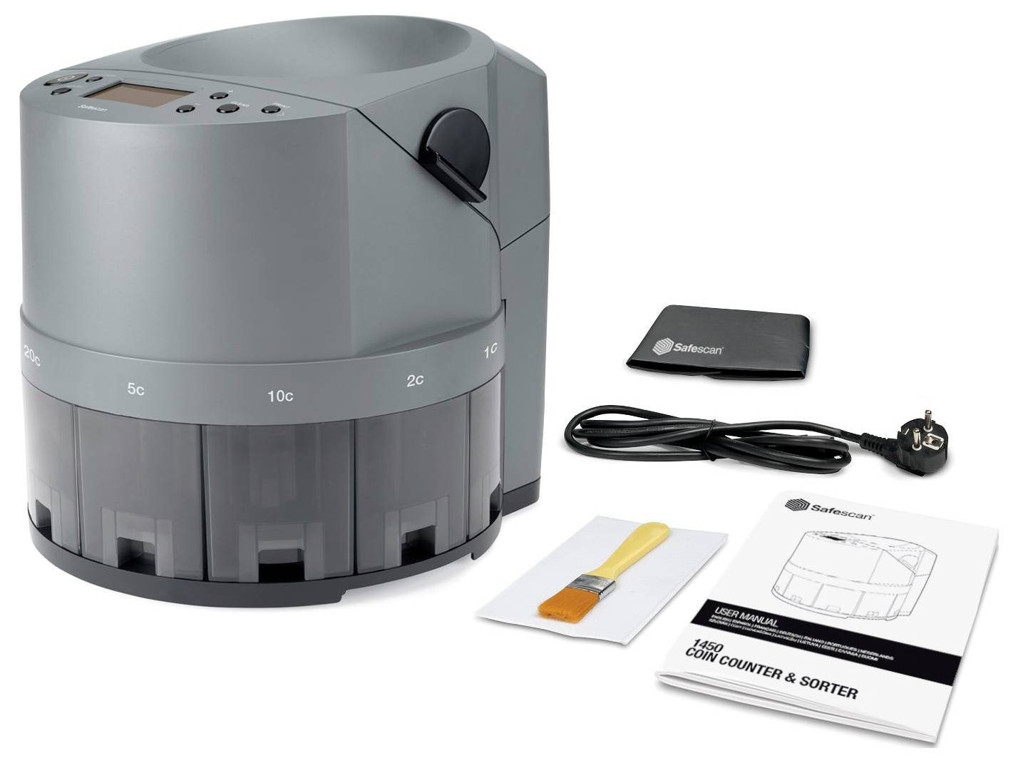 Počítací a třídící zařízení na mince v šedé barvě, včetně návodu k obsluze, čisticího kartáče, síťového kabelu a adaptéru.