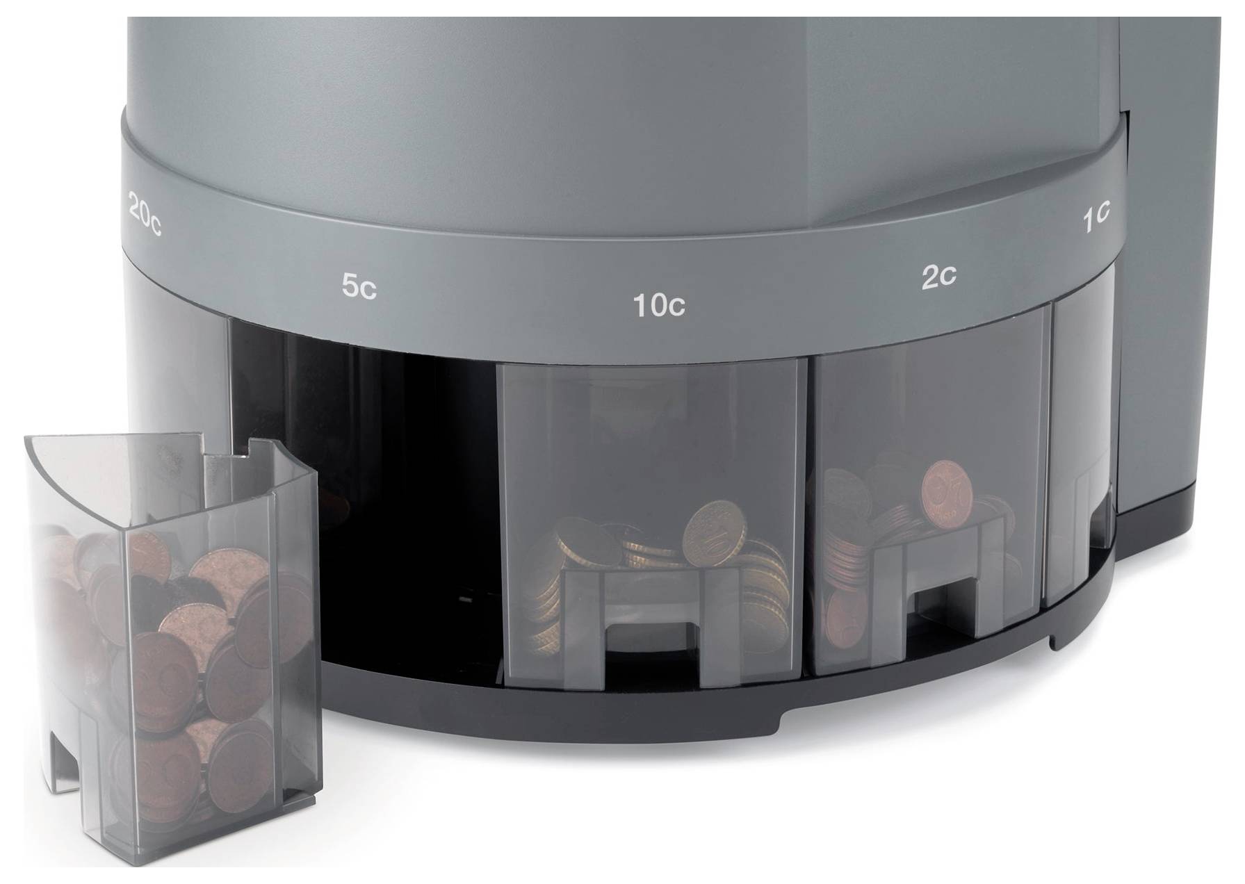 Mincovní počítadlo třídí mince podle hodnoty do různých přihrádek. Vlevo je přihrádka se shromážděnými mincemi.