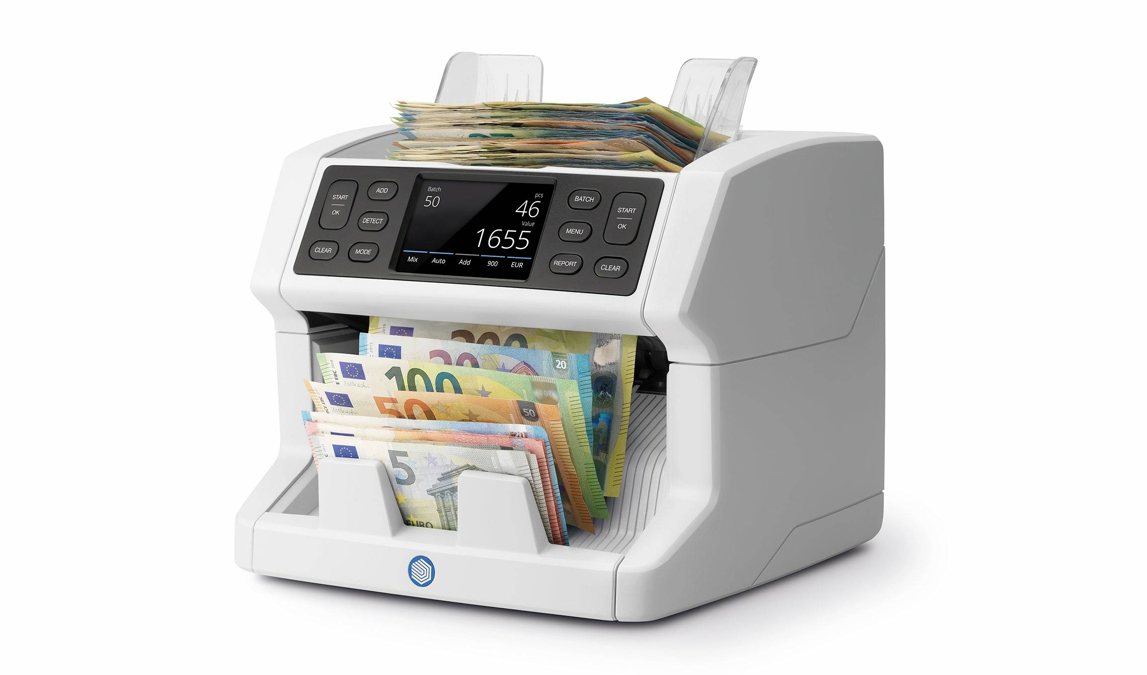 Počítačka bankovek spočítá eurobankovky a zobrazí celkový počet a celkovou částku na digitálním displeji.