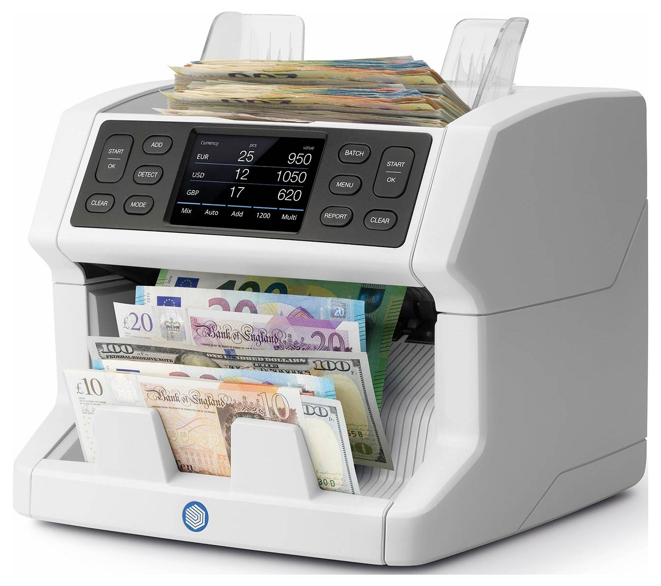 Šedé zařízení počítá různé bankovky, včetně britských liber a eur. Displej zobrazuje počet a hodnotu spočítaných bankovek.