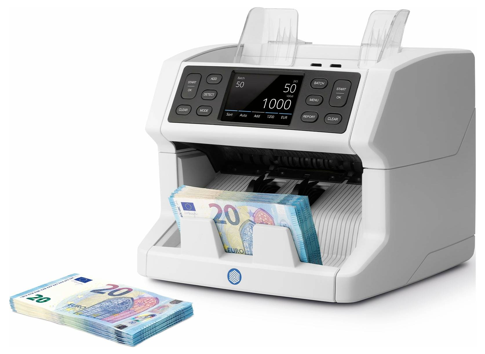 Elektronické zařízení počítá svazek bankovek v eurech. Je viditelný svazek bankovek v hodnotě 20 eur.