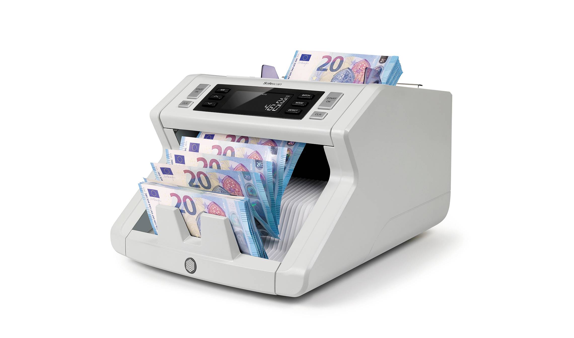 Stroj na počítání peněz počítá několik bankovek po 20 eurech.