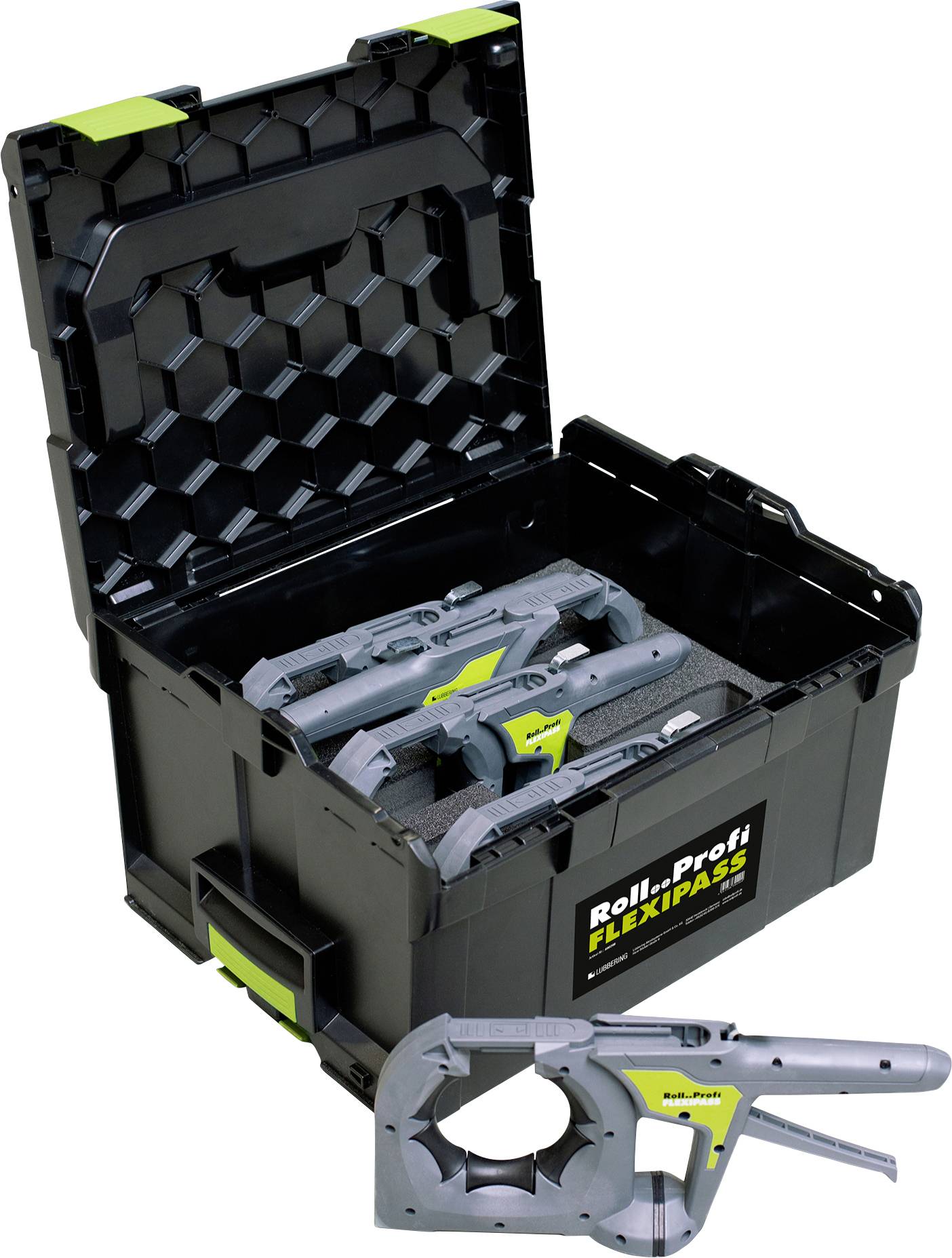 Přepravní box s otevřeným víkem ukazuje vysoce kvalitní kleště a nástroje značky 'Roll•Profi Flexipass'.