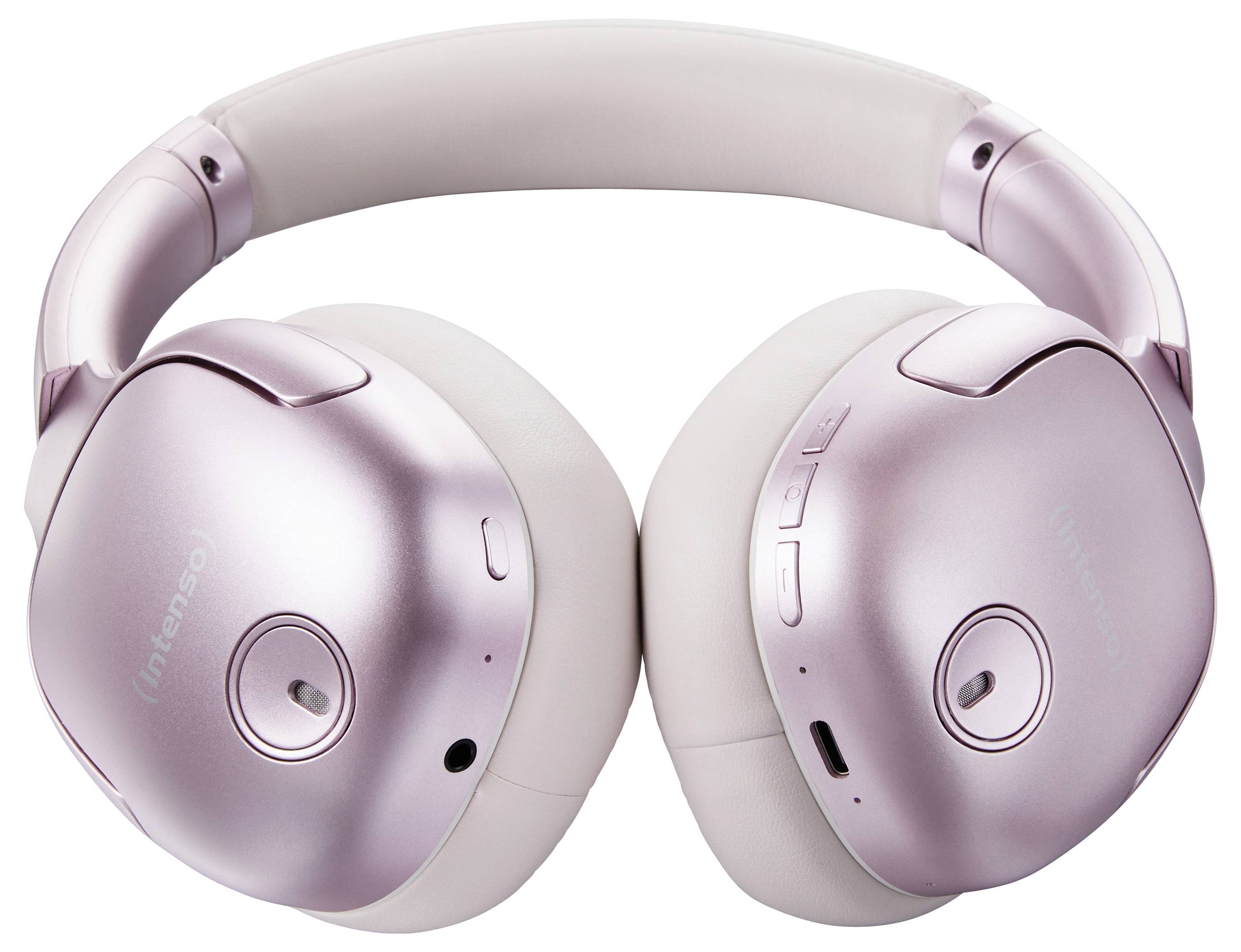 Růžová over-ear sluchátka s leštěným povrchem, bílé náušníky. Ovládací tlačítka a značka 'Intenso' na reproduktorech.