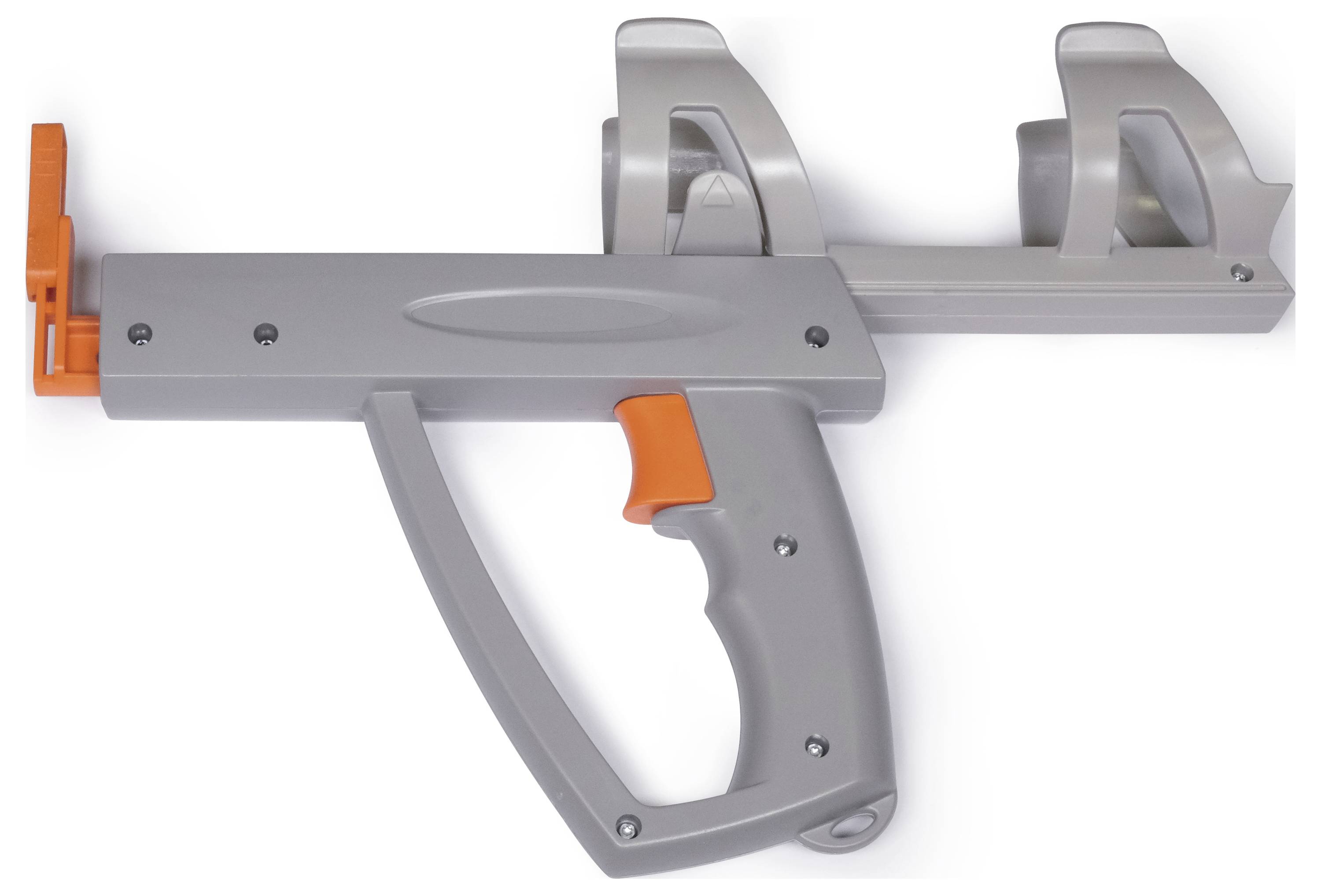Šedý a oranžový dávkovač lepicí pásky s ergonomickou rukojetí a odvíjecím mechanismem, viditelný na bílém pozadí.