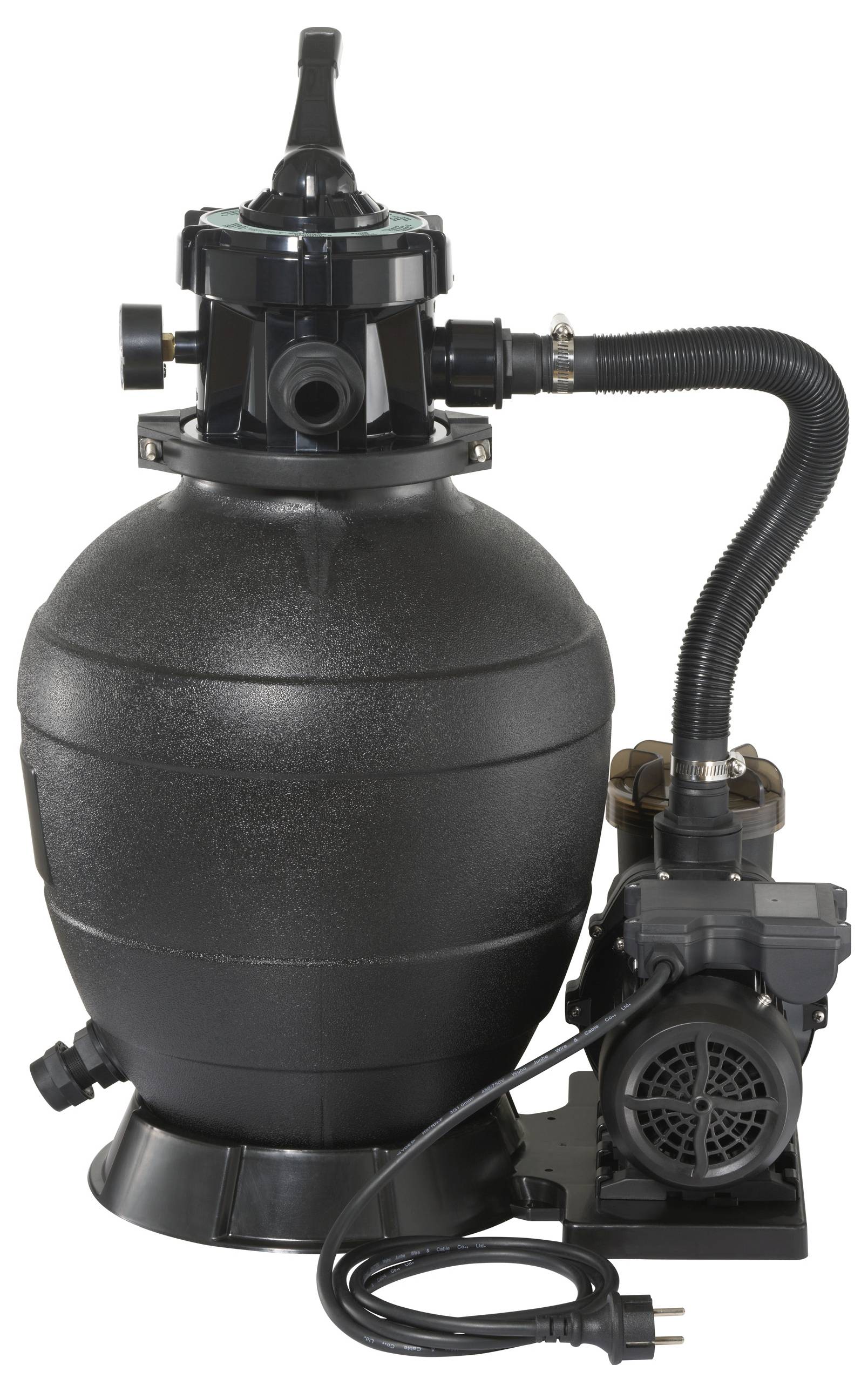 Černý bazénový filtr a čerpadlo, sestávající z kulovitého filtru s několika ventily a připojeného čerpadla s síťovým kabelem.