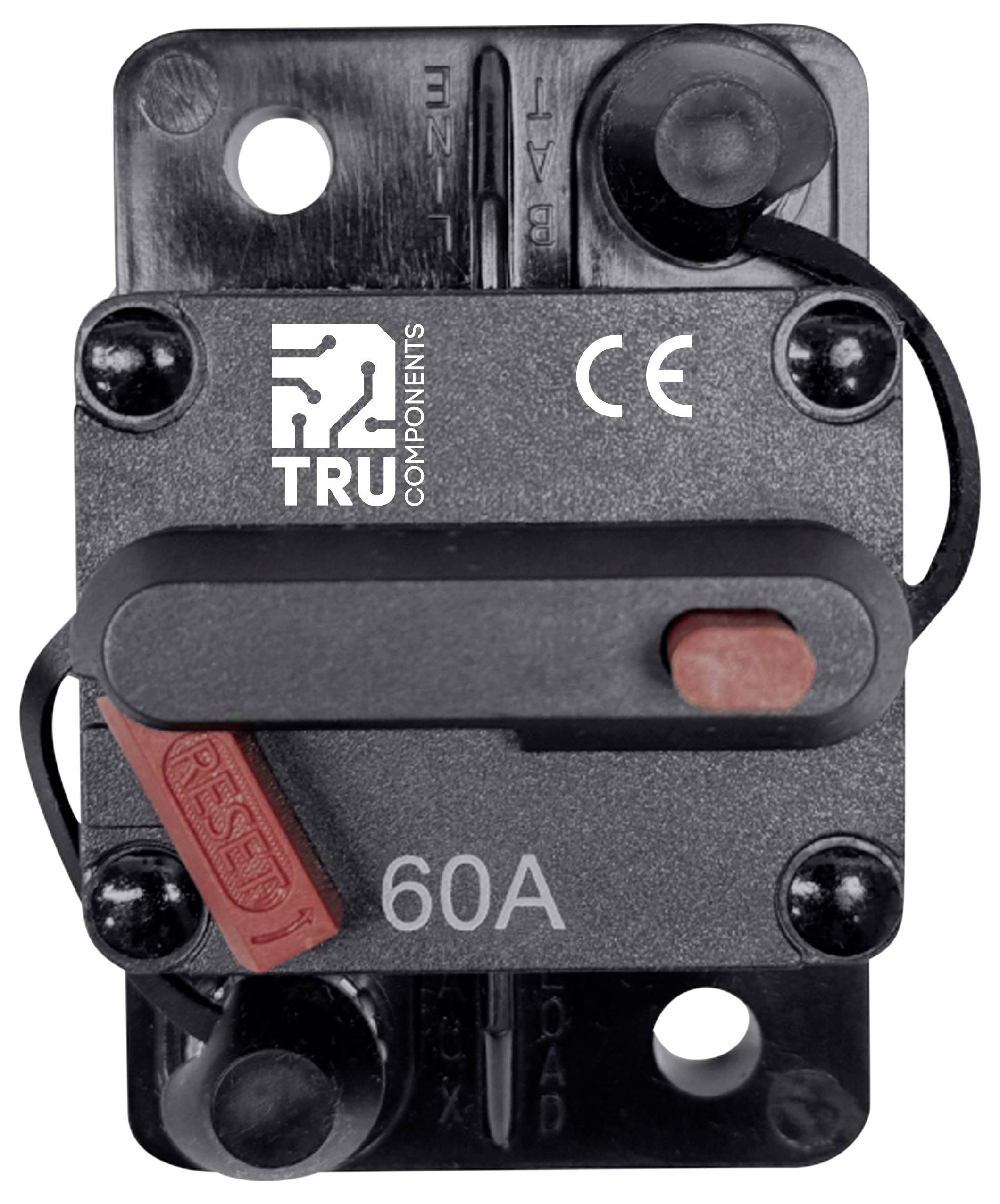 Černý jistič s červenou pákou, označený nápisem '60A' a 'Tru Components'. Viditelné CE označení.