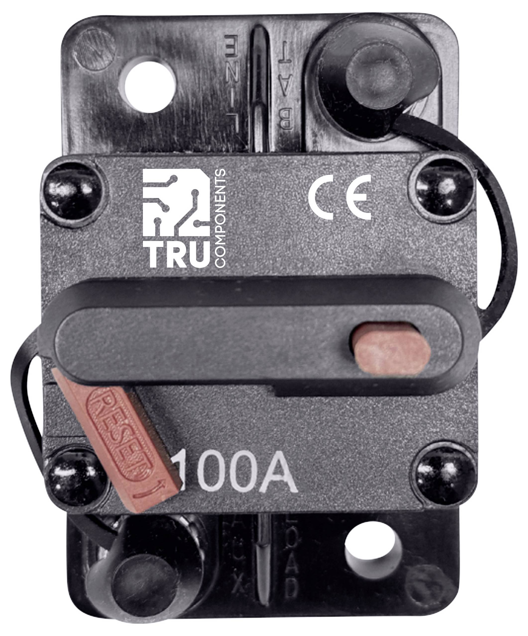 Jistič 100A od TRU Components, černé pouzdro, certifikace CE, červené a černé ovládací tlačítky, body pro šroubovou montáž.