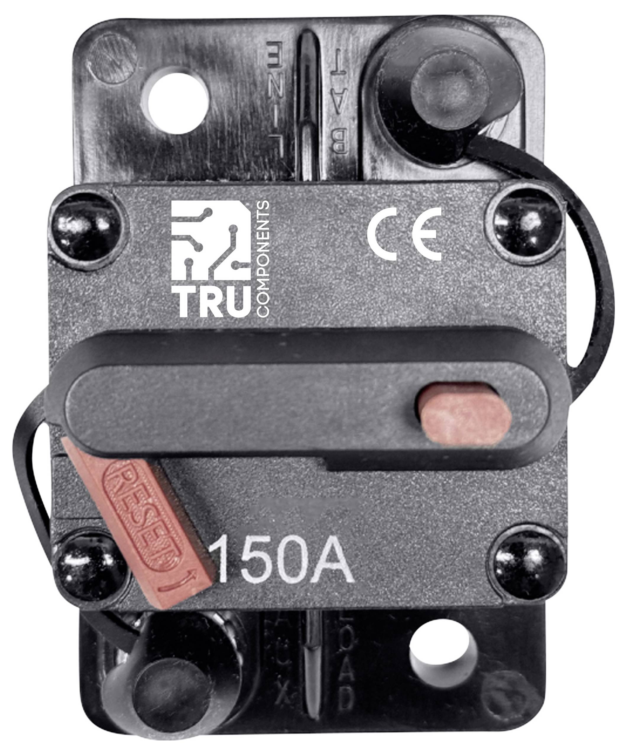 Elektronický jistič s přepínačem nastaveným na 'RESET'. Logo značky a nápis '150A' a 'TRU COMPONENTS'.