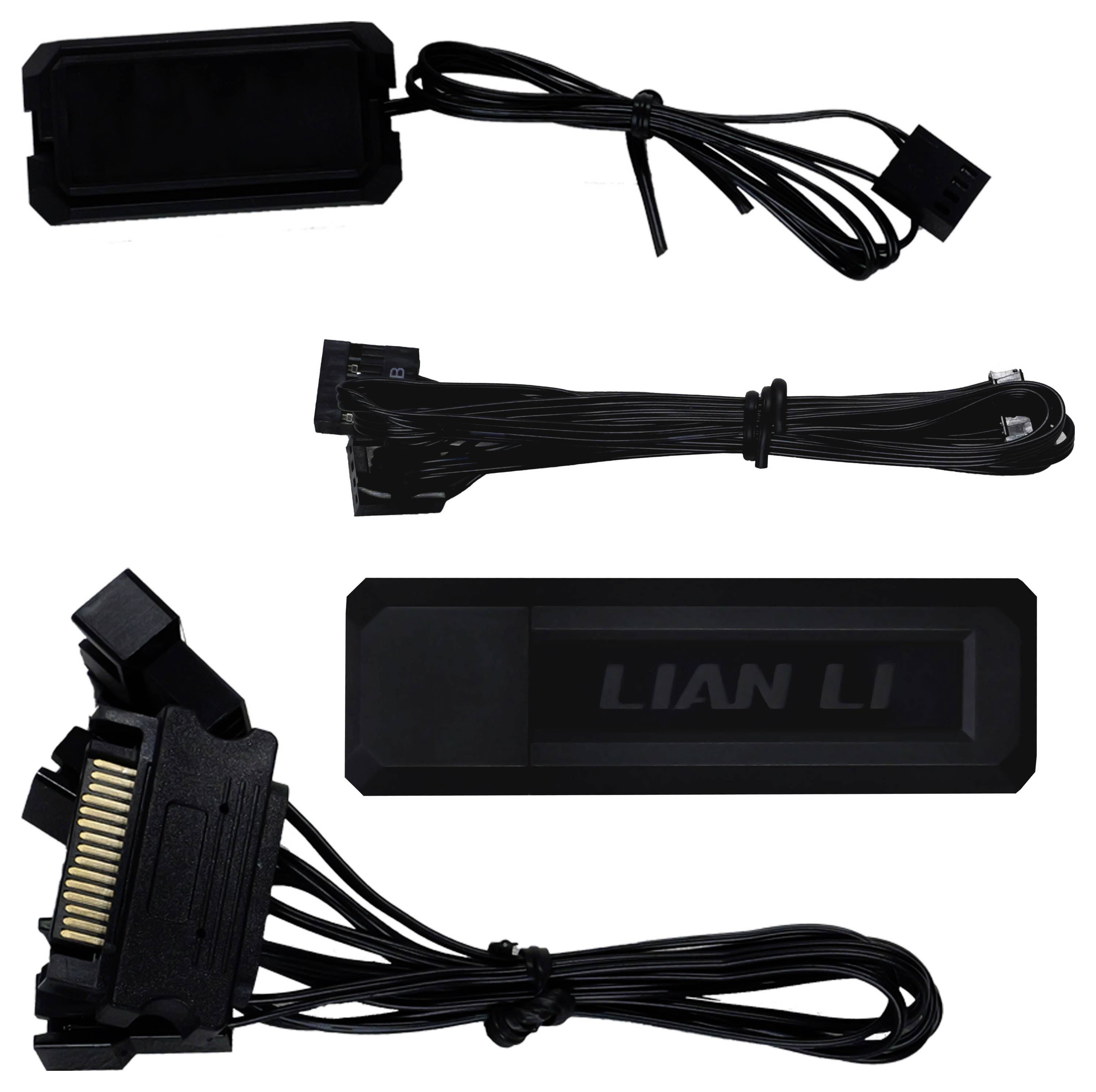 Černý SATA kabel a kabelové prodlužovače Lian Li, každý s konektory, vhodné pro počítačové komponenty.