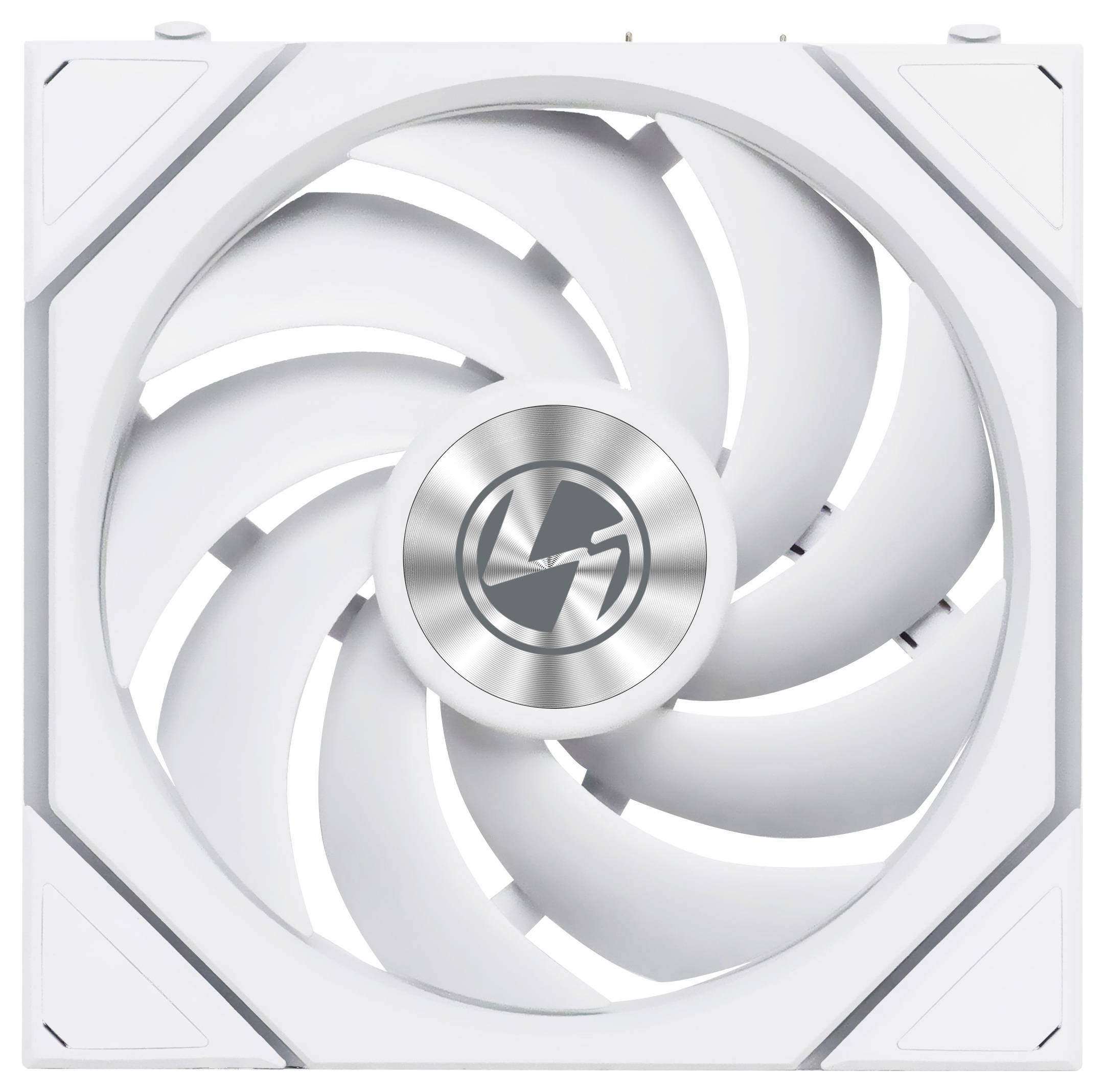 Bílý počítačový ventilátor s kulatým stříbrným středem, který obsahuje stylizovaný symbol blesku.