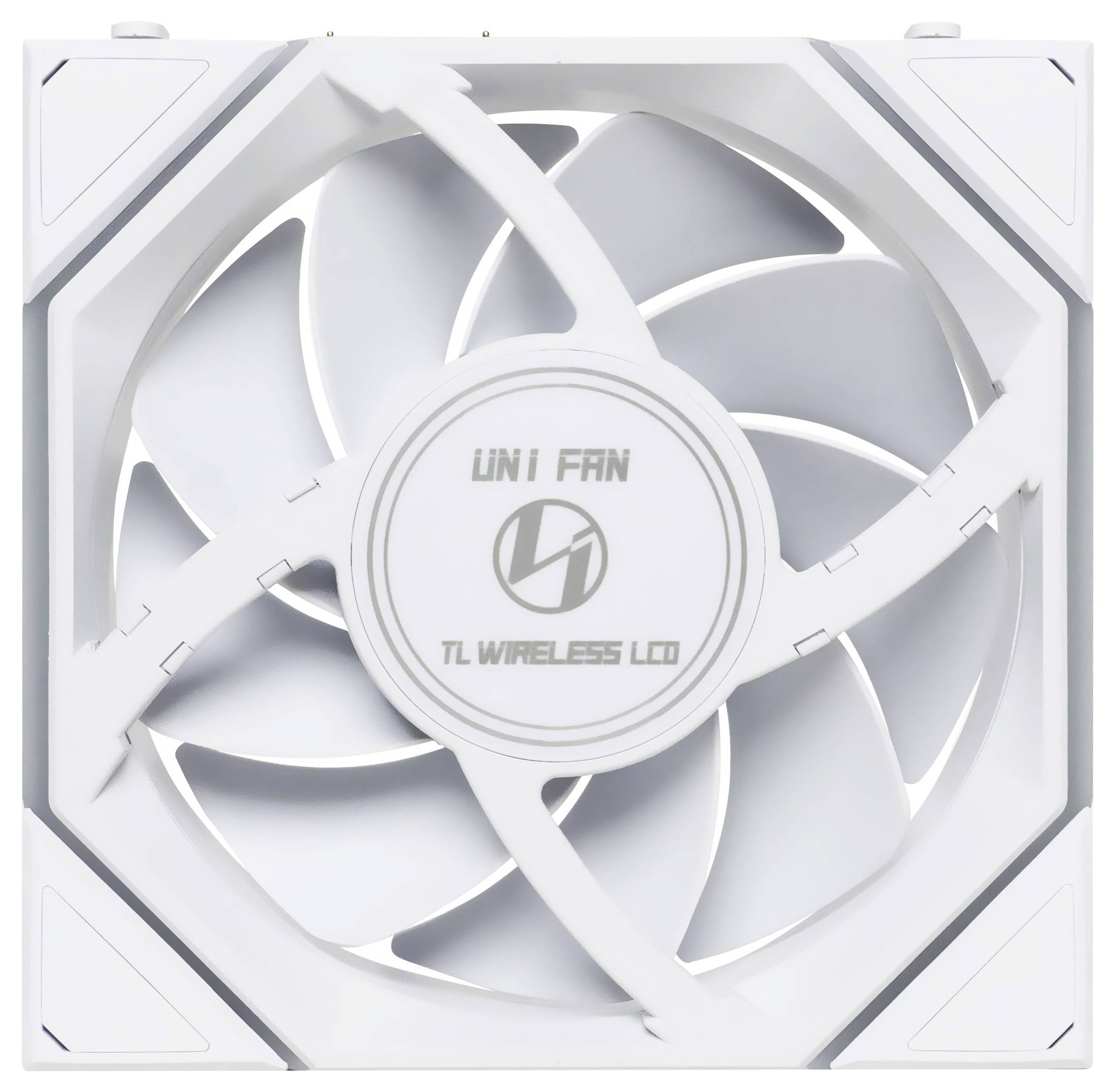 Bílý počítačový ventilátor s nápisem 'UNI FAN TL WIRELESS LED' na přední straně. Má moderní, geometrický design.
